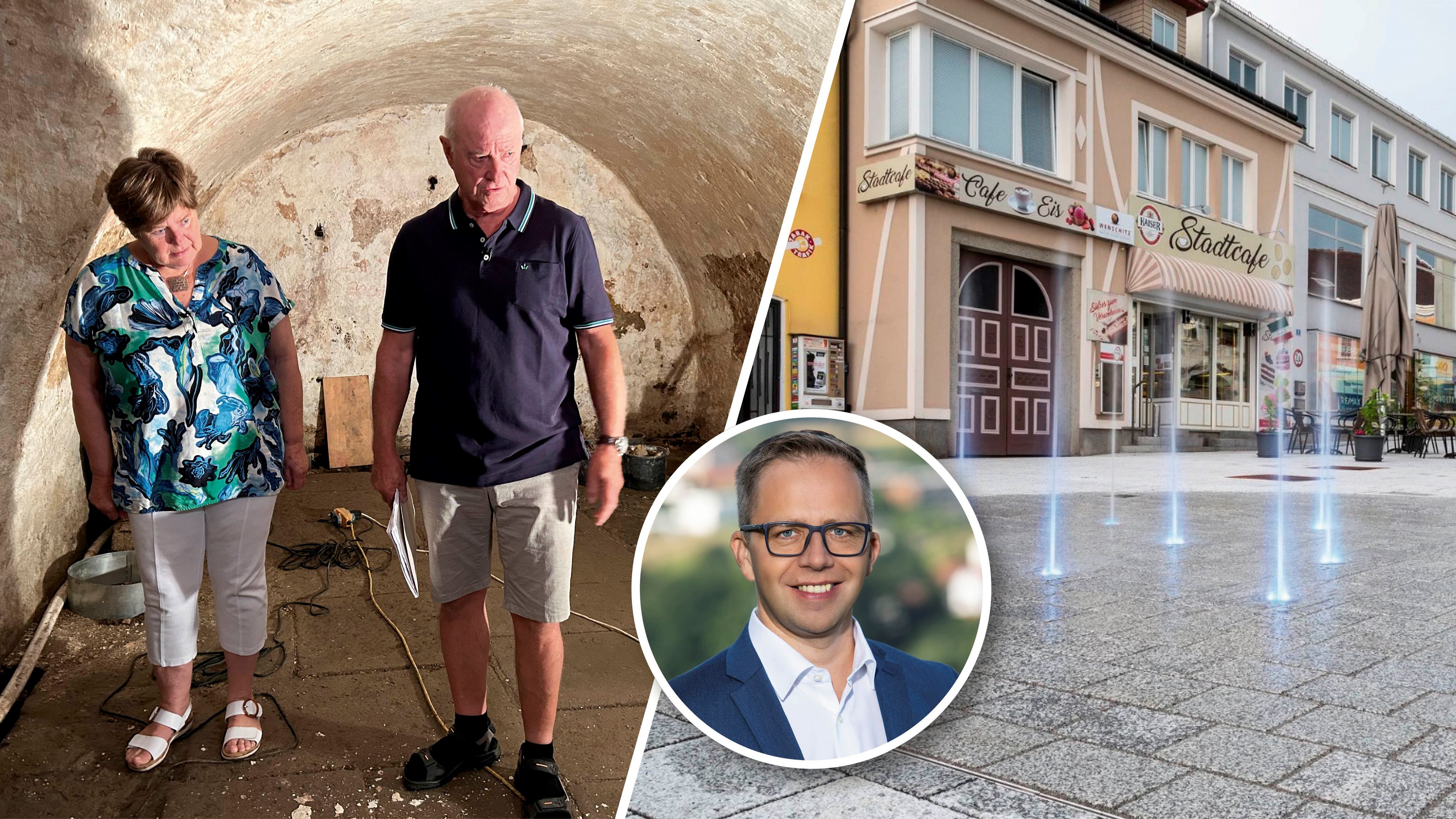 Der Keller der Familie Stranimaier stand unter Wasser. Vermutet wurde ein Zusammenhang mit dem Wasserspiel am Stadtplatz von Pregarten (Bez. Freistadt). Im Bild: Bürgermeister Fritz Robeischl (ÖVP).