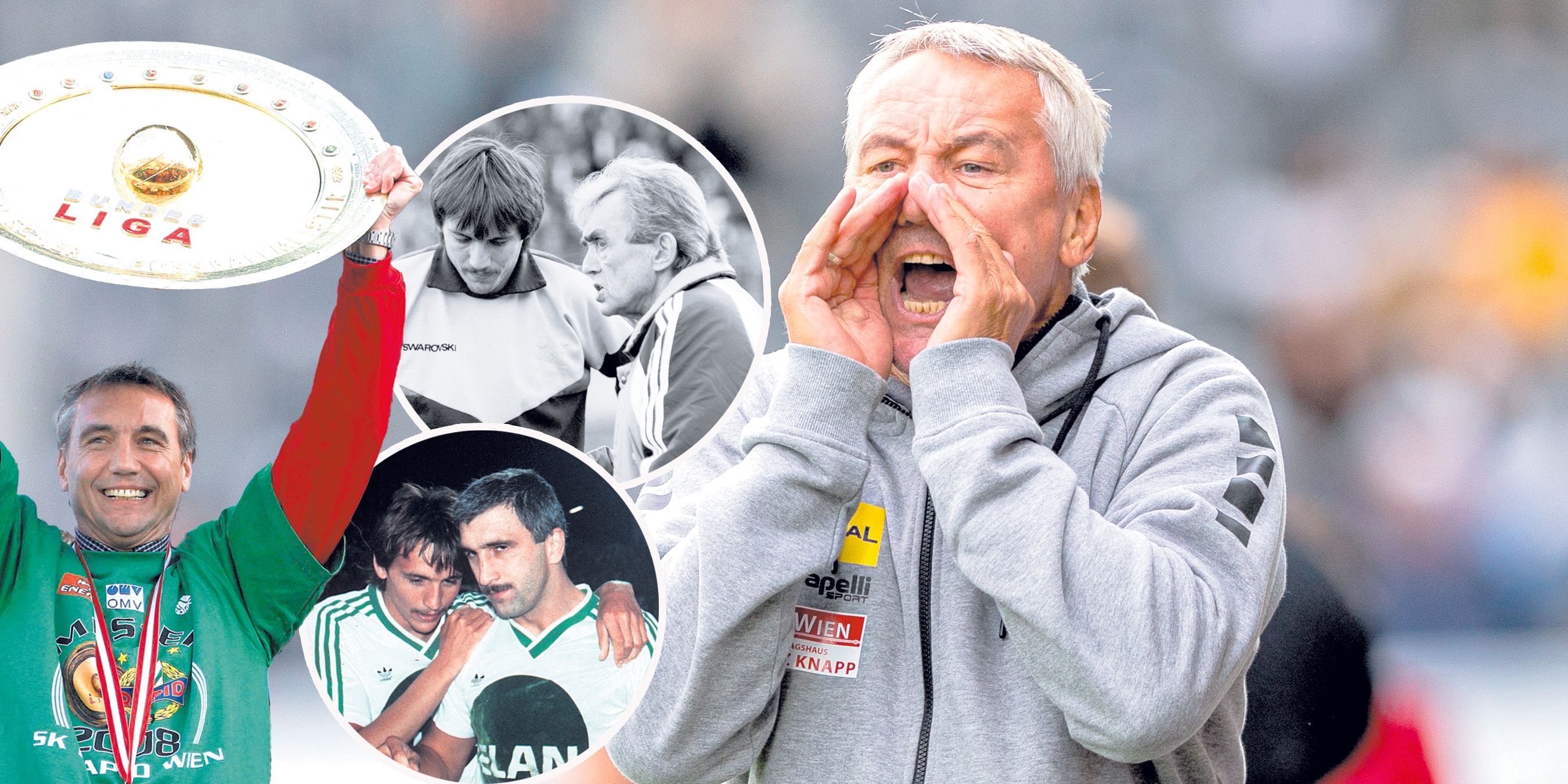 Peter Pacult mit dem Meisterteller, Hans Krankl und Ernst Happel.