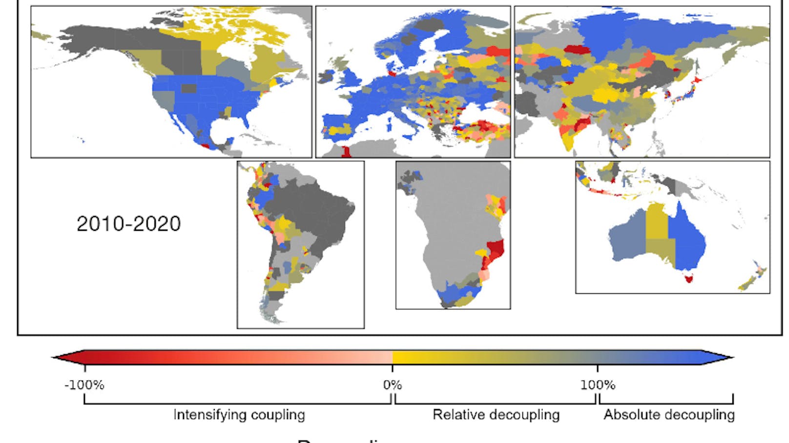 Je blauer, desto besser: Entkopplungsraten zwischen CO2-Emissionen und Bruttoregionalprodukt in der Welt.