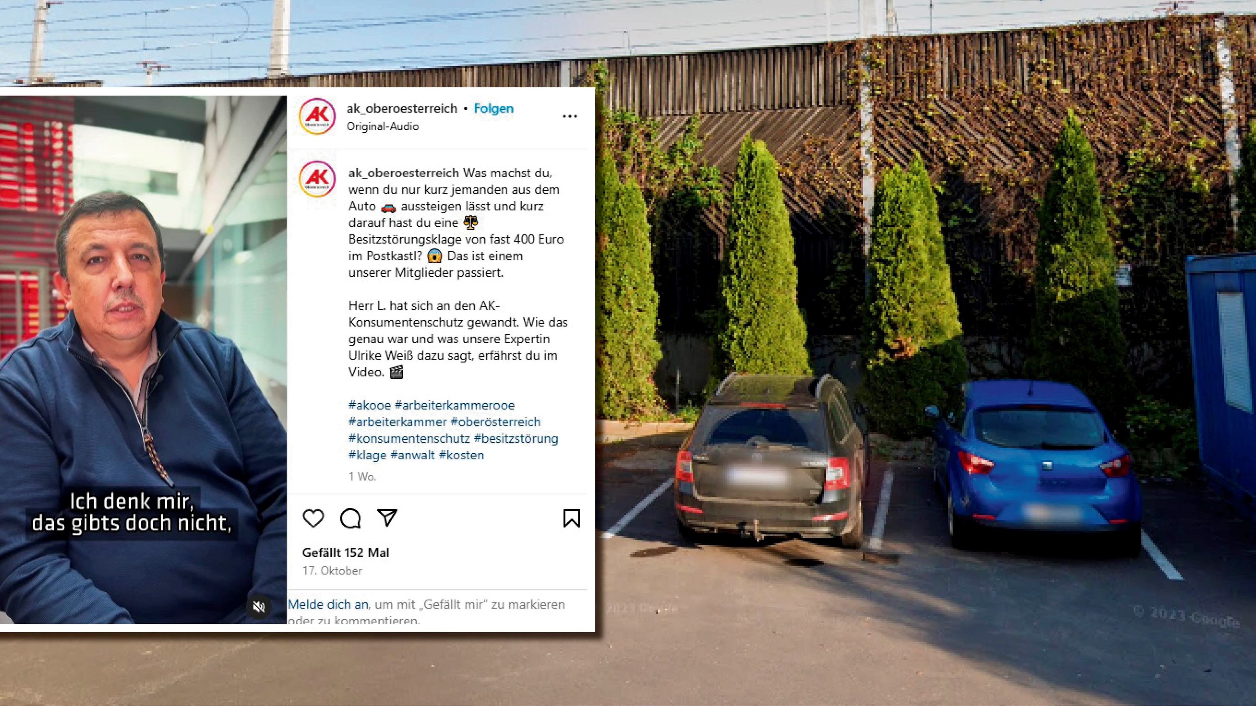 Der Betroffene erhielt eine Besitzstörungsklage inklusive Zahlungsaufforderung von 400 Euro. Rechts im Bild: Parkplatz eines ehemaligen Würstelstands in der Linzer Unionstraße, auf dem es zu einem ähnlichen Vorfall gekommen ist.