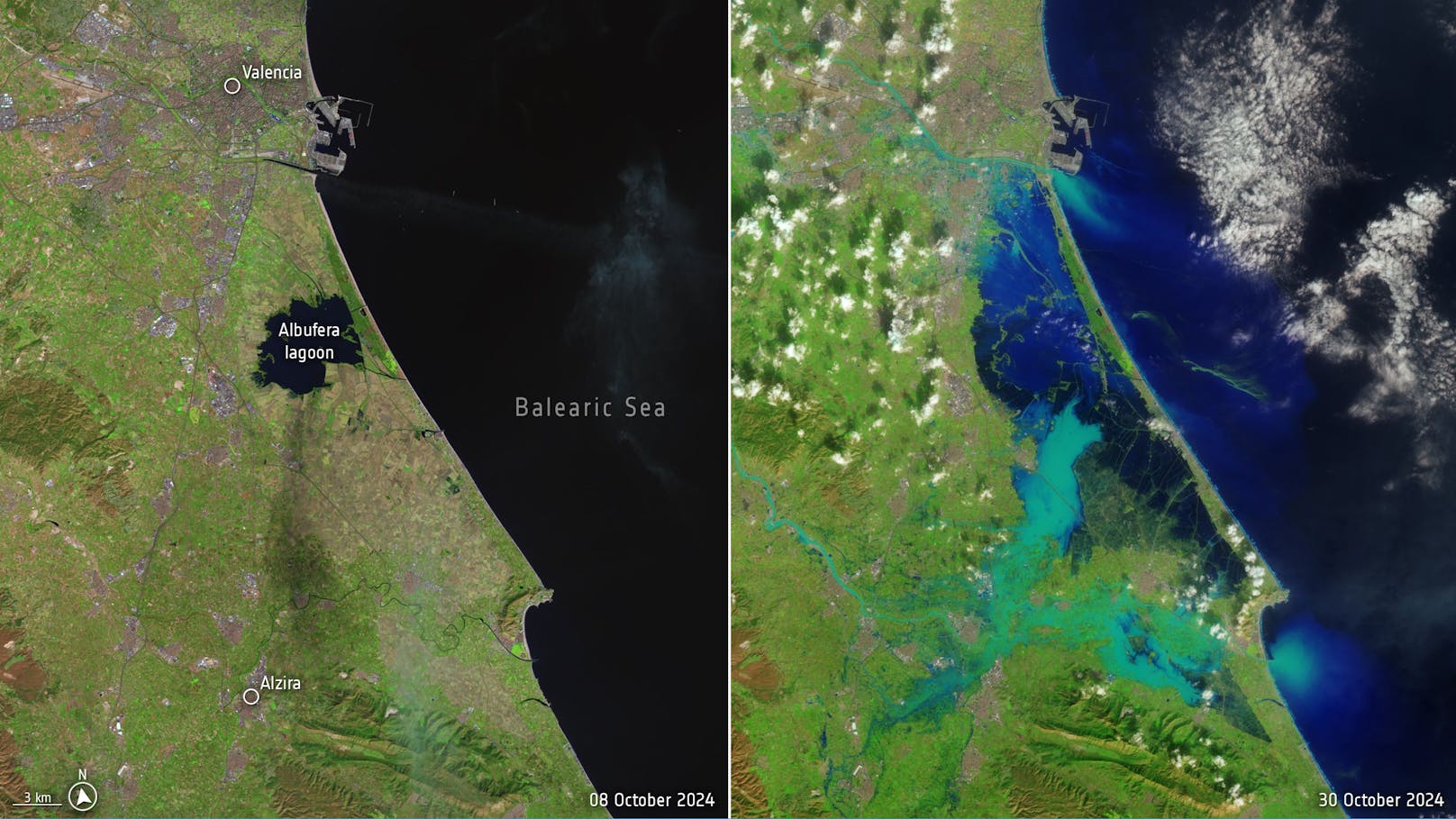 Satellitenaufnahmen der Region Valencia mit der Lagune Albufera vor und nach den Extremregenfällen vom 29. Oktober 2024.