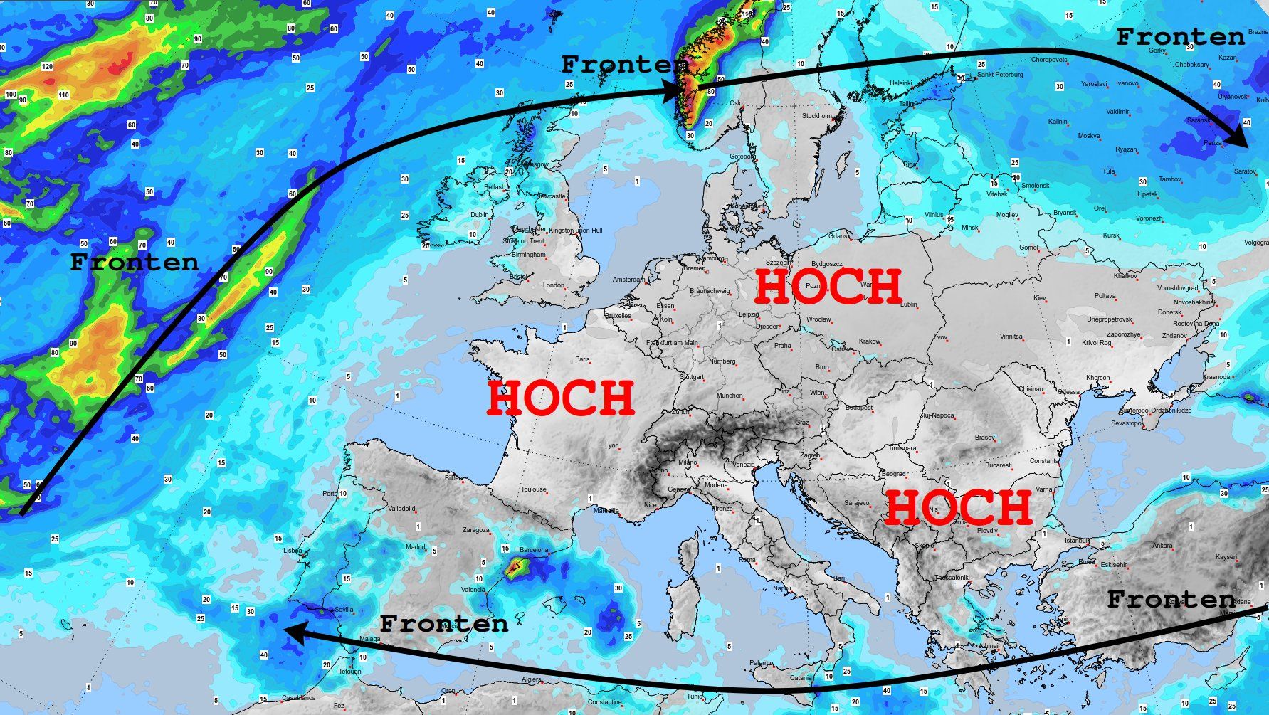 Hoch Yürgen sorgt für einen trockenen Start in den November, lenkt Regen und Schnee im Uhrzeigersinn um Mitteleuropa herum.