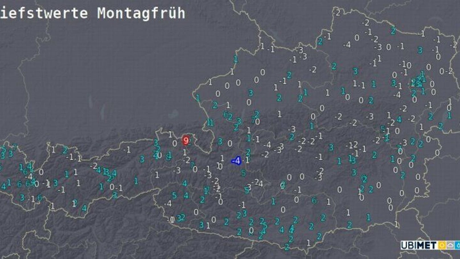 Prognose der Temperaturminima in °C für Montagmorgen – UBIMET