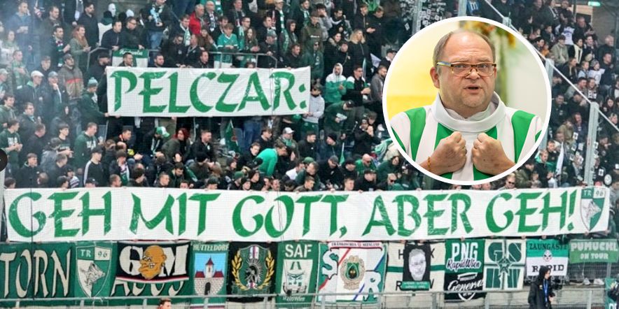 Die Ultras plakatierten gegen Ex-Rapid-Pfarrer Pelczar.