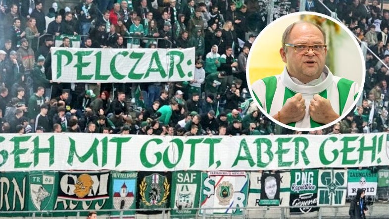 Die Ultras plakatierten gegen Ex-Rapid-Pfarrer Pelczar.