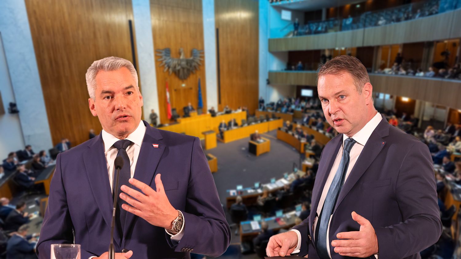 Dawaren's nur noch zwei: Karl Nehammer (ÖVP) und Andreas Babler (SPÖ) wollen zu zweit weiterverhandeln.