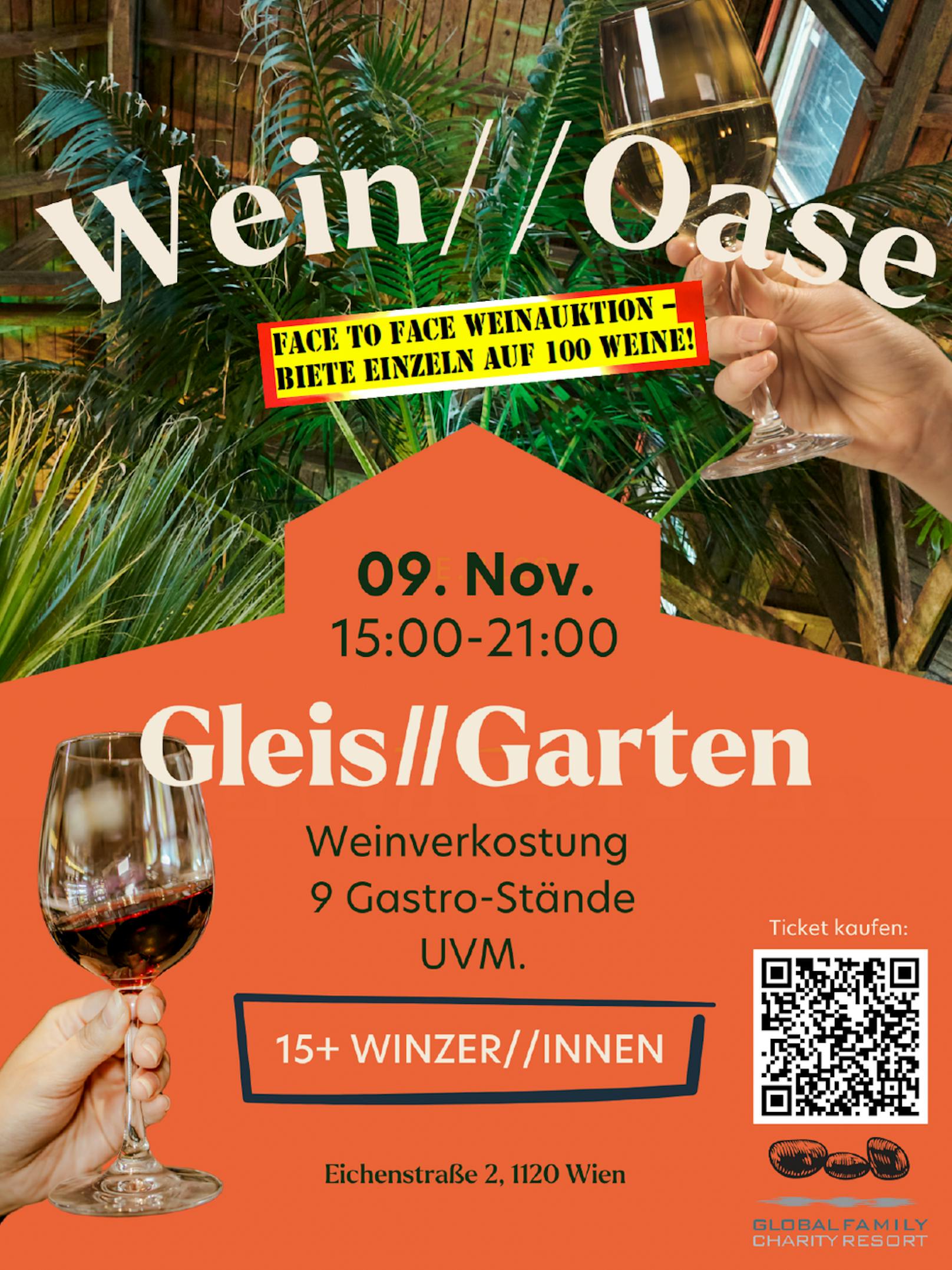 Wir verlosen 5x2 Tickets für die Wein//Oase - Weinfest im Herbst am Samstag, 9.11. im Gleis//Garten Wien.