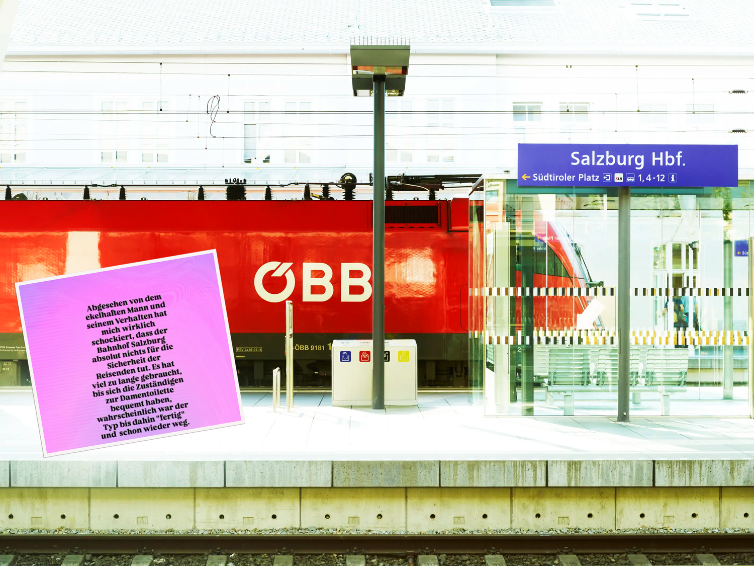 Eine Salzburgerin wurde am Hauptbahnhof in Salzburg in der Damentoilette von einem Mann belästigt. Sie schildert den Fall auch auf Insta.