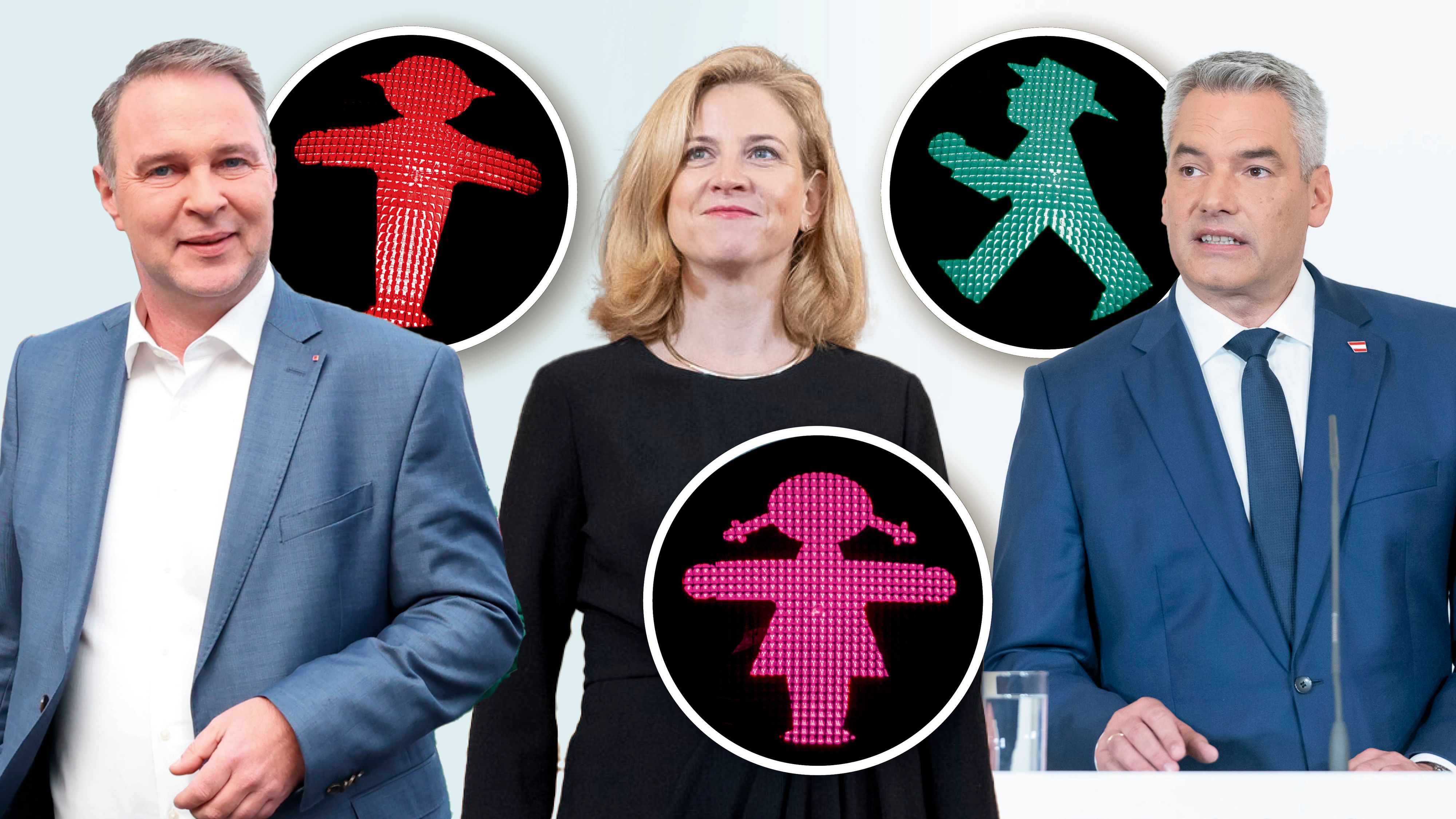 Karl Nehammer (ÖVP) und Andreas Babler (SPÖ) loten aus, ob sie sich Beate Meinl-Reisinger (Neos)  ins Koalitions-Boot holen.