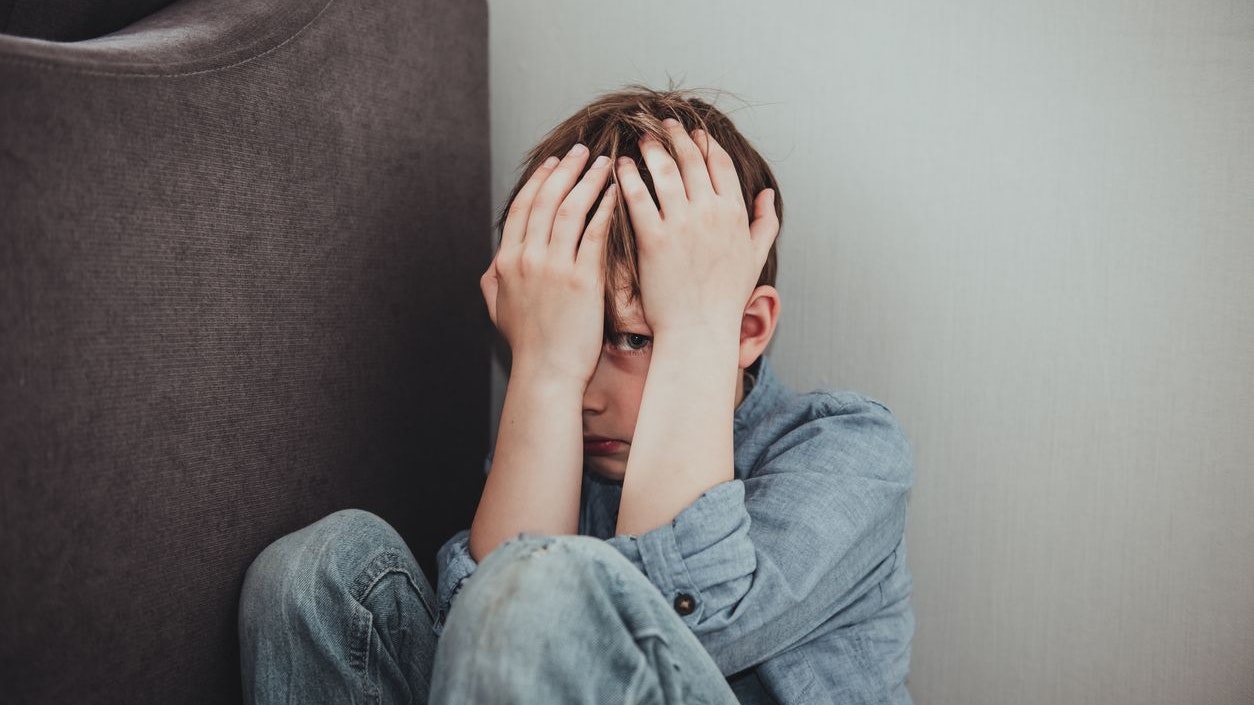 Scared child boy depressed emotion panic attacks alone sick people fear stressful crying. Stop abusing domestic violence,help person with health anxiety,thinking bad frustrated exhausted
