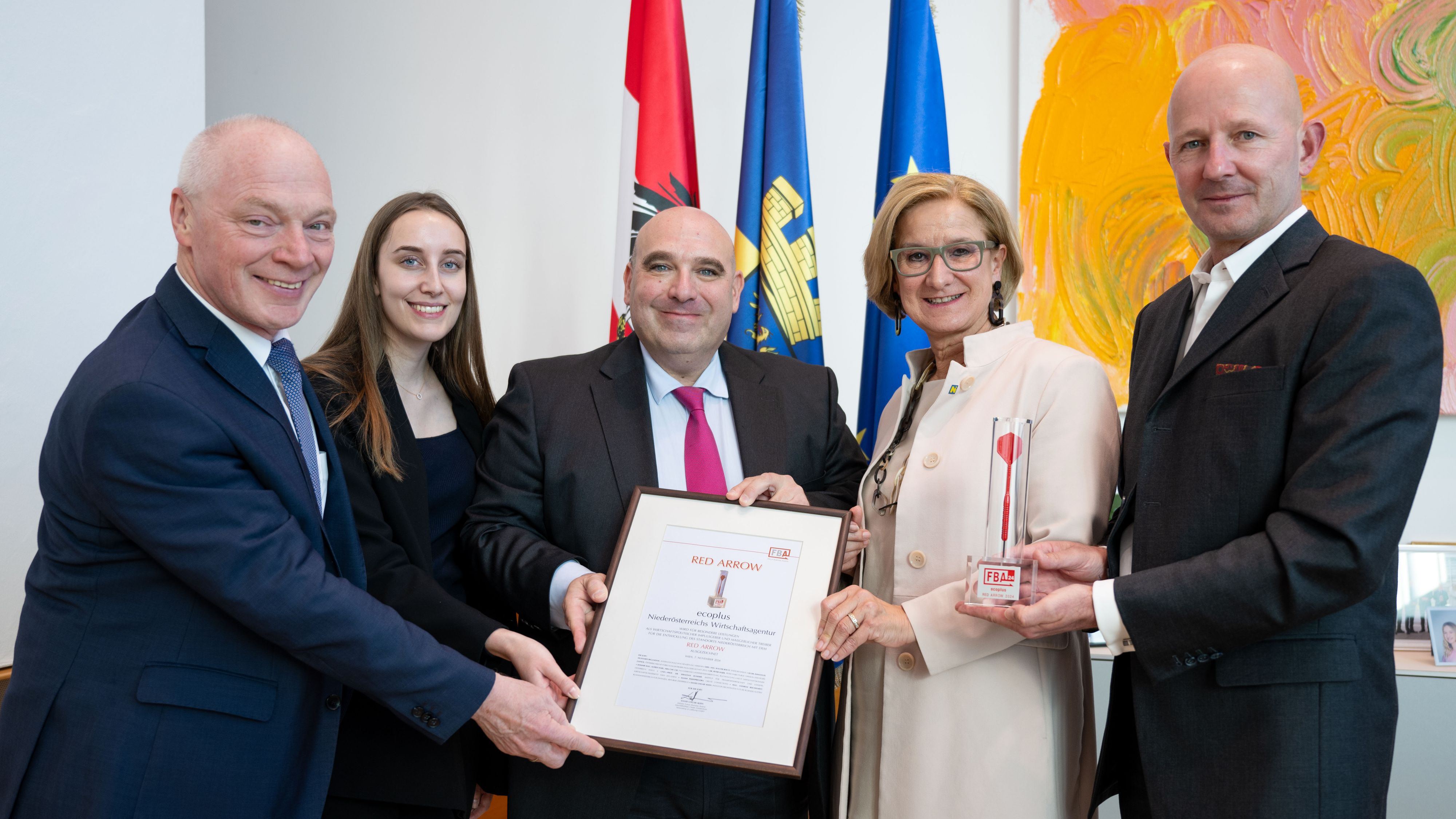 ecoplus-Geschäftsführer Helmut Miernicki, Katharina Reinwald, Future Business Austria, David Ungar-Klein, Future Business Austria, Landeshauptfrau Johanna Mikl-Leitner, ecoplus-Prokurist Claus Zeppelzauer (v.l.)