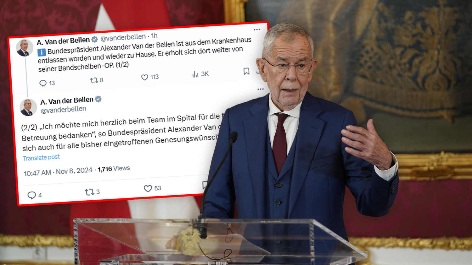 Bundespräsident Alexander Van der Bellen wurde nun aus dem Krankenhaus entlassen.