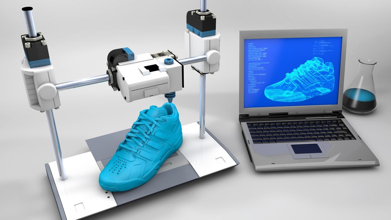 3D printer machine is printing performance shoe in home.