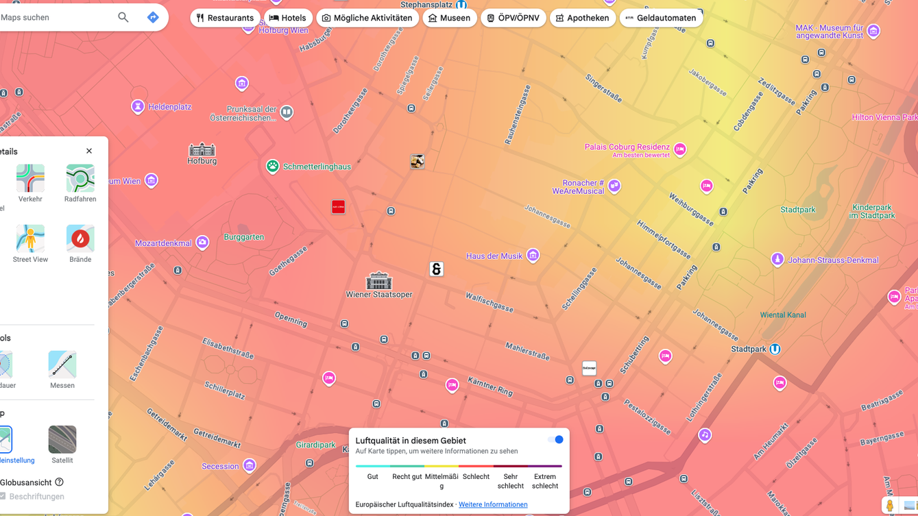 Und so schätzt Google Maps die Luftgüte am Redaktionsstandort ein