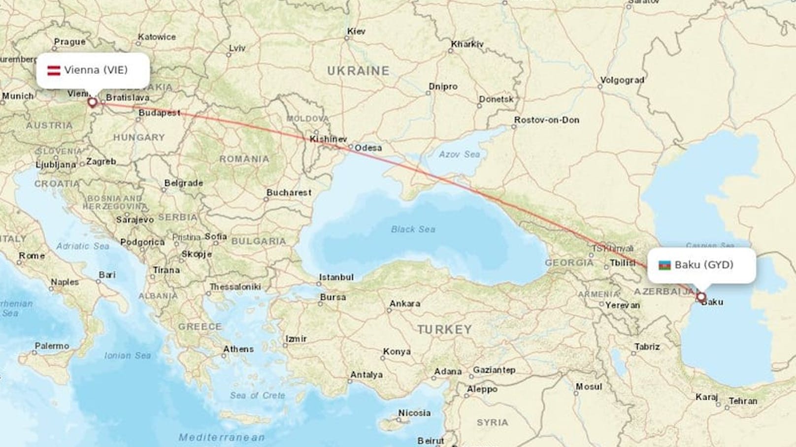 2.800 Kilometer Fluglinie von Wien nach Baku (Aserbaidschan).