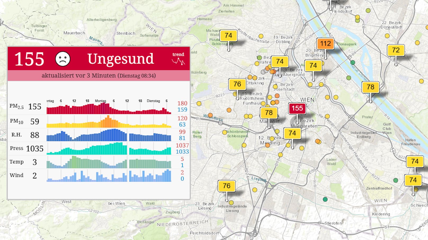 Die aktuelle Luftverschmutzung in Wien am Dienstagmorgen. Hervorgehoben die Belastung an der Messstation Wiedner Hauptstraße.