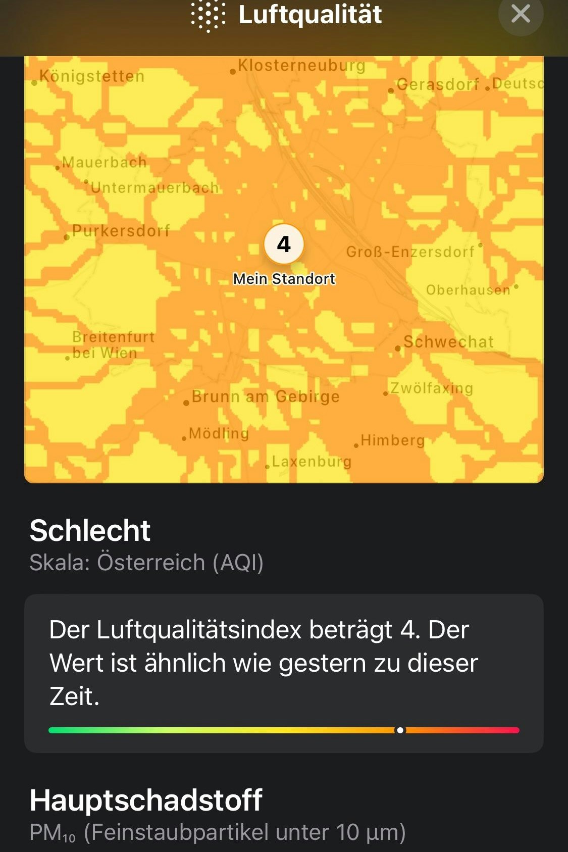 So schätzt Apples Wetter-App die Luftqualität am <em>Newsflix</em>-Redaktionsstandort in Wien 1 ein