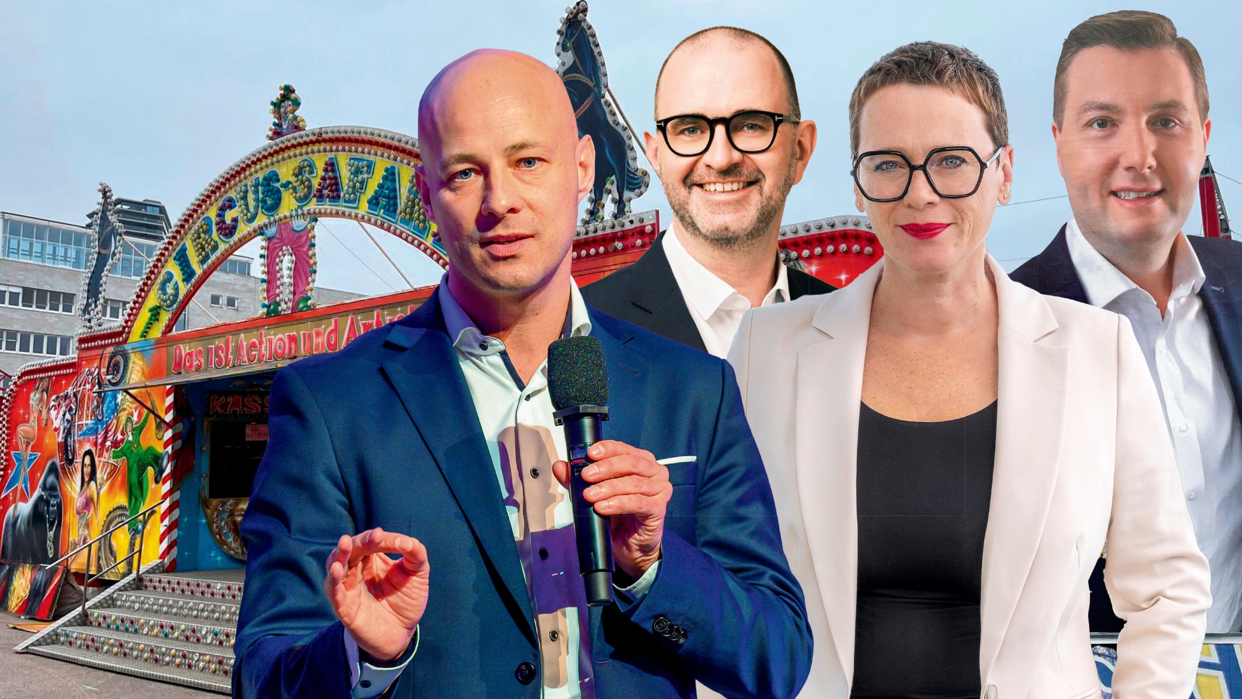 Vier der sechs Linzer Bürgermeister-Kandidaten – v.l.: Hajart, Prammer, Schobesberger und Raml. Im Hintergrund: der Circus Safari, der bis 24. November in der Landeshauptstadt gastiert.