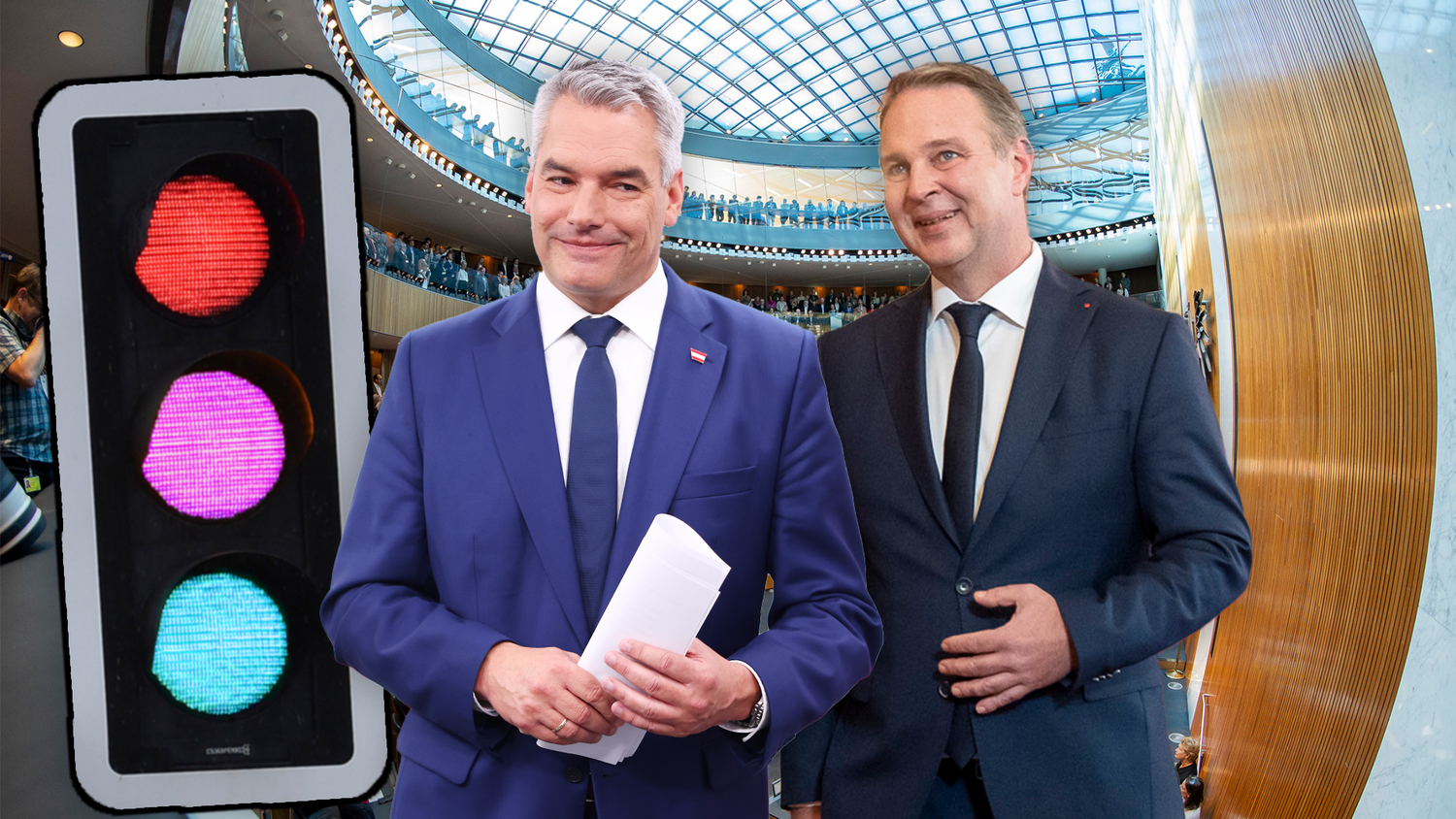 Bundeskanzler Karl Nehammer und SPÖ-Chef Andreas Babler könnten am Dienstag den Entschluss fassen, ob der Verhandlungstisch um die NEOS erweitert wird.