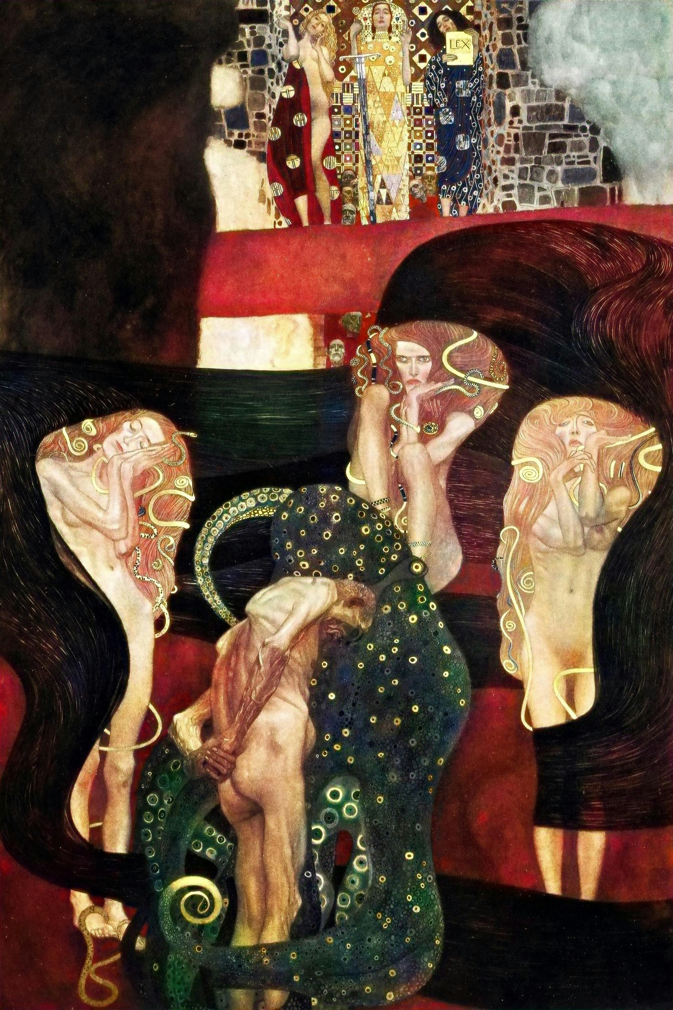 Klimts Allegorie "Jurisprudenz", ebenfalls ursprünglich für die Universität Wien geschaffen, 1945 verbrannt und nun als Reproduktion mit KI-Hilfe neu koloriert