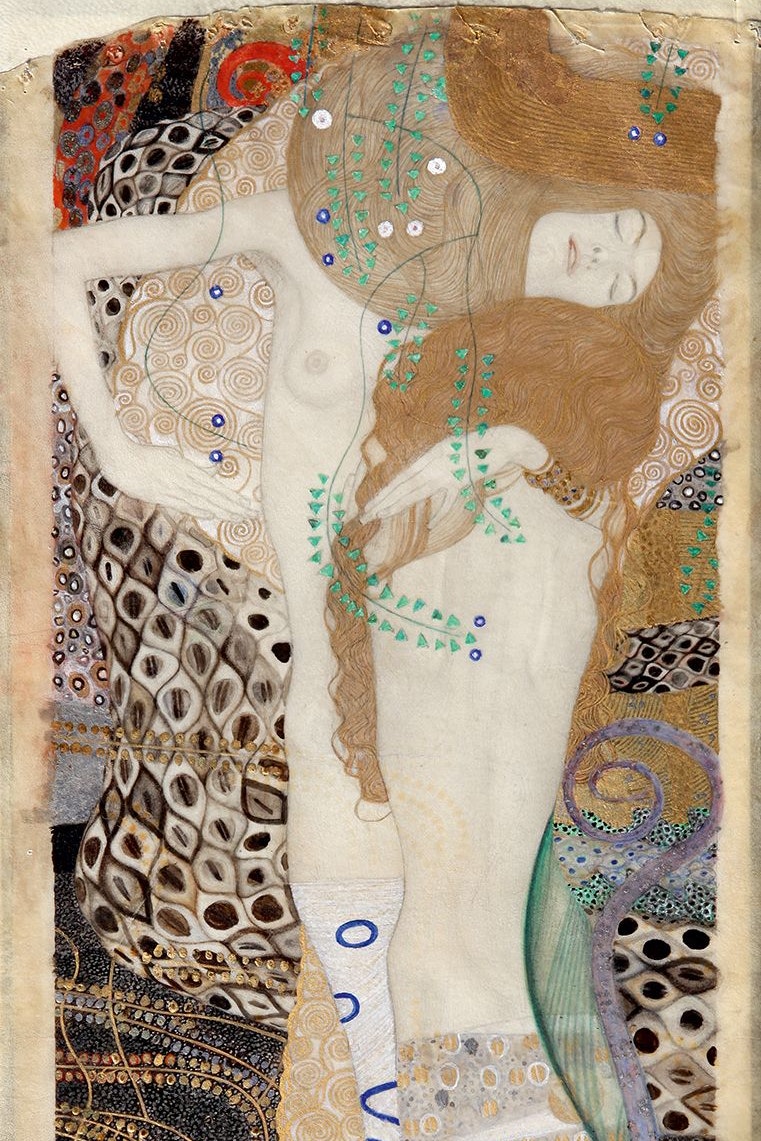 Klimts berühmtes Gemälde "Freundinnen", auch bekannt als "Wasserschlangen I". Seine Art, echtes Blattgold in seine Bilder zu integrieren, ist einer der Aspekte der Ausstellung "Pigment &amp; Pixel", die am 20. Februar 2025 im Belvedere eröffnet