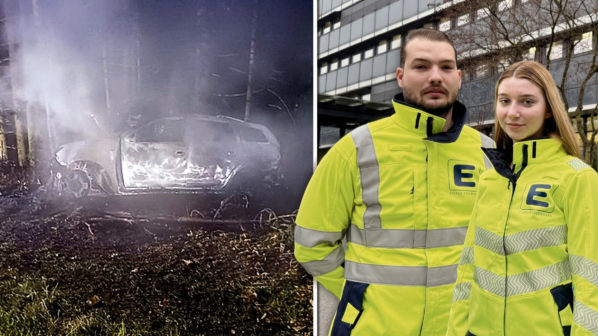 Nach einem Unfall ging dieser Wagen in Flammen auf, diese zwei Helden konnten den Lenker retten.