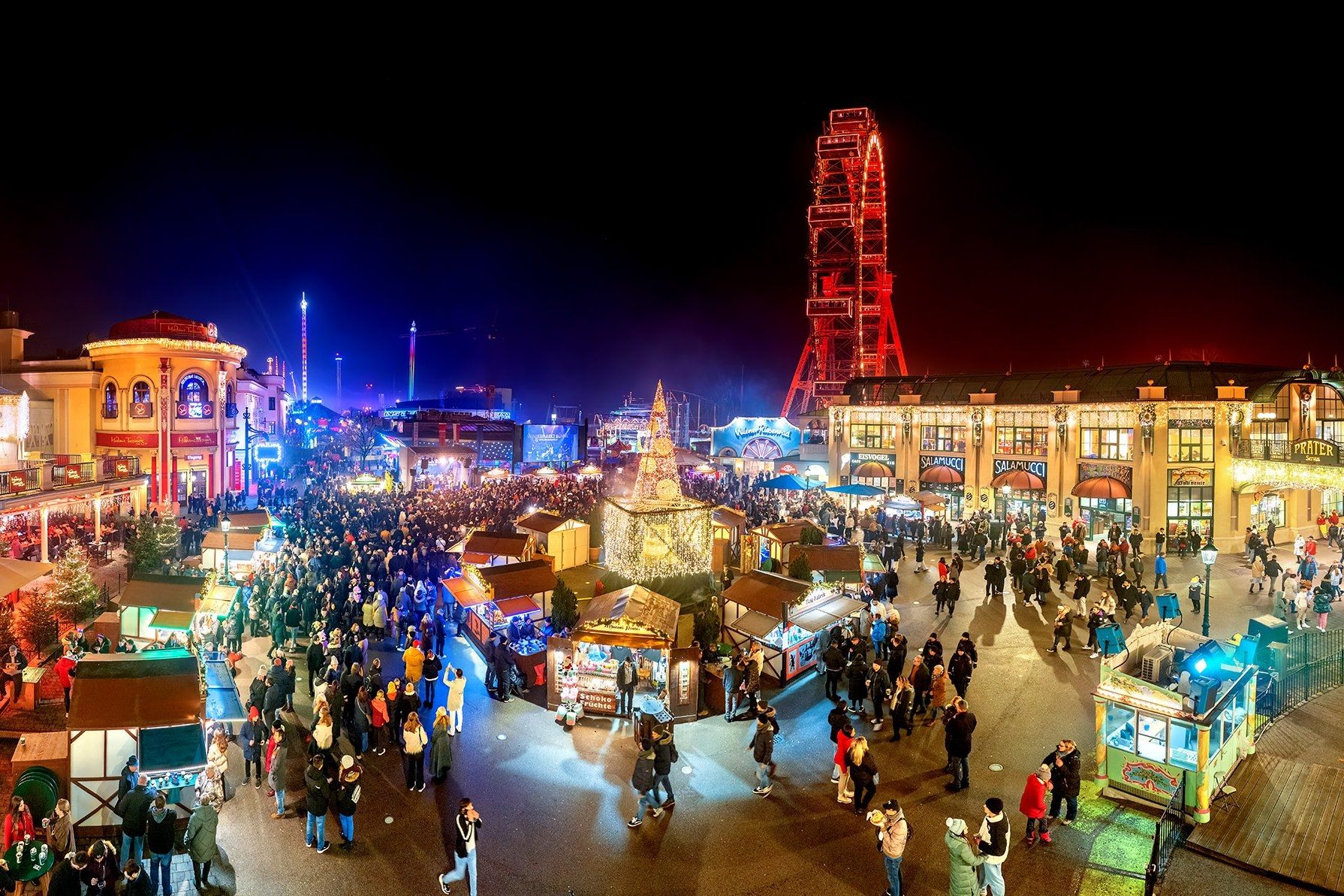 Der Wintermarkt am Riesenradplatz im Prater erstrahlt wieder in weihnachtlichem Glanz.