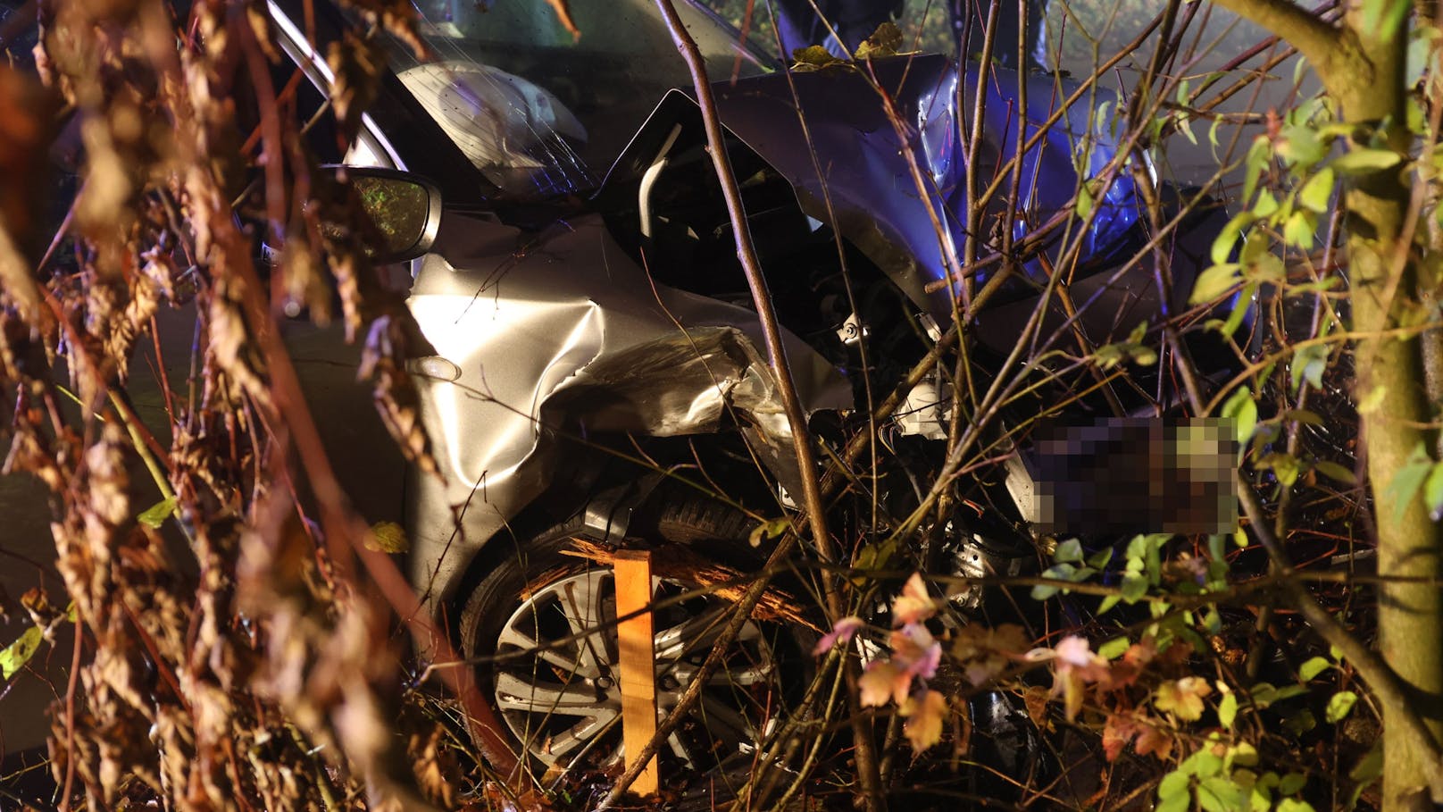 Der Pkw kollidierte frontal mit einem Baum.