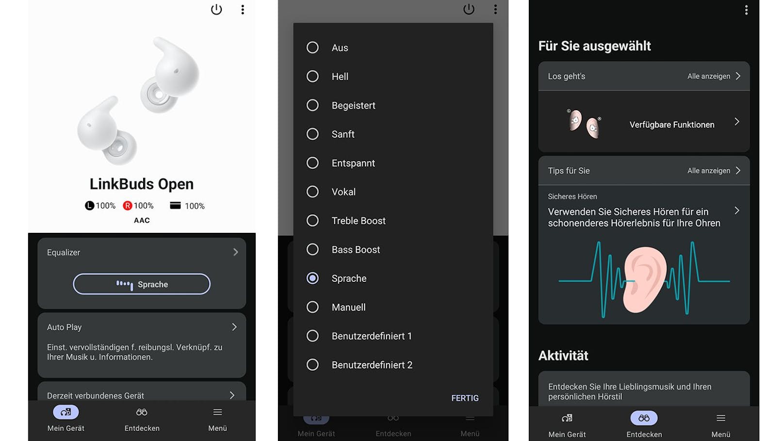 Räumlicher Klang und Head Tracking sind ebenfalls möglich. Adaptive Lautstärkeregelung passt die Lautstärke automatisch an die Umgebungssituation an.