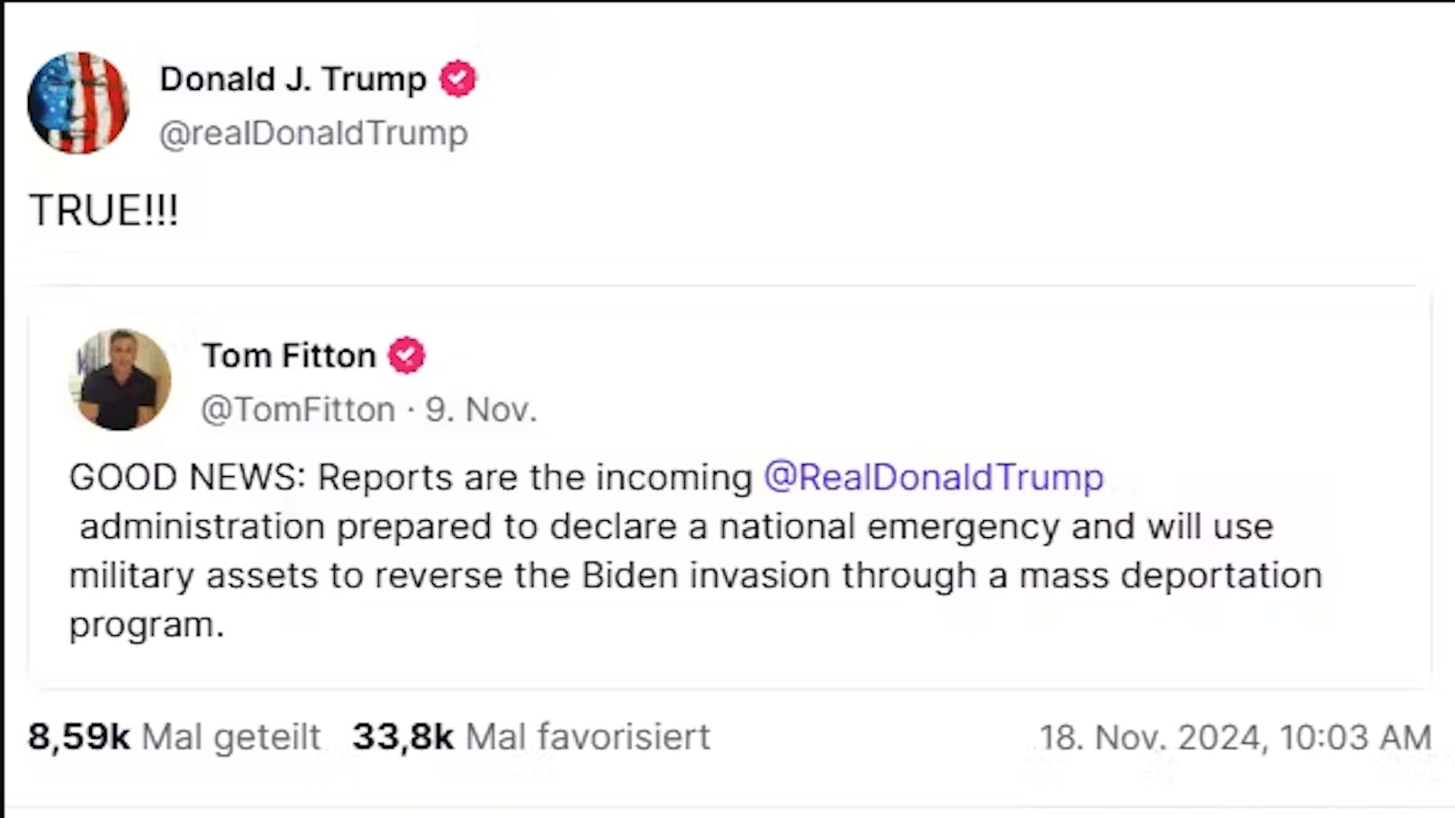 Donald Trump bestätigt auf Truth Social den Einsatz vom US-Militär bei Massenabschiebungen.