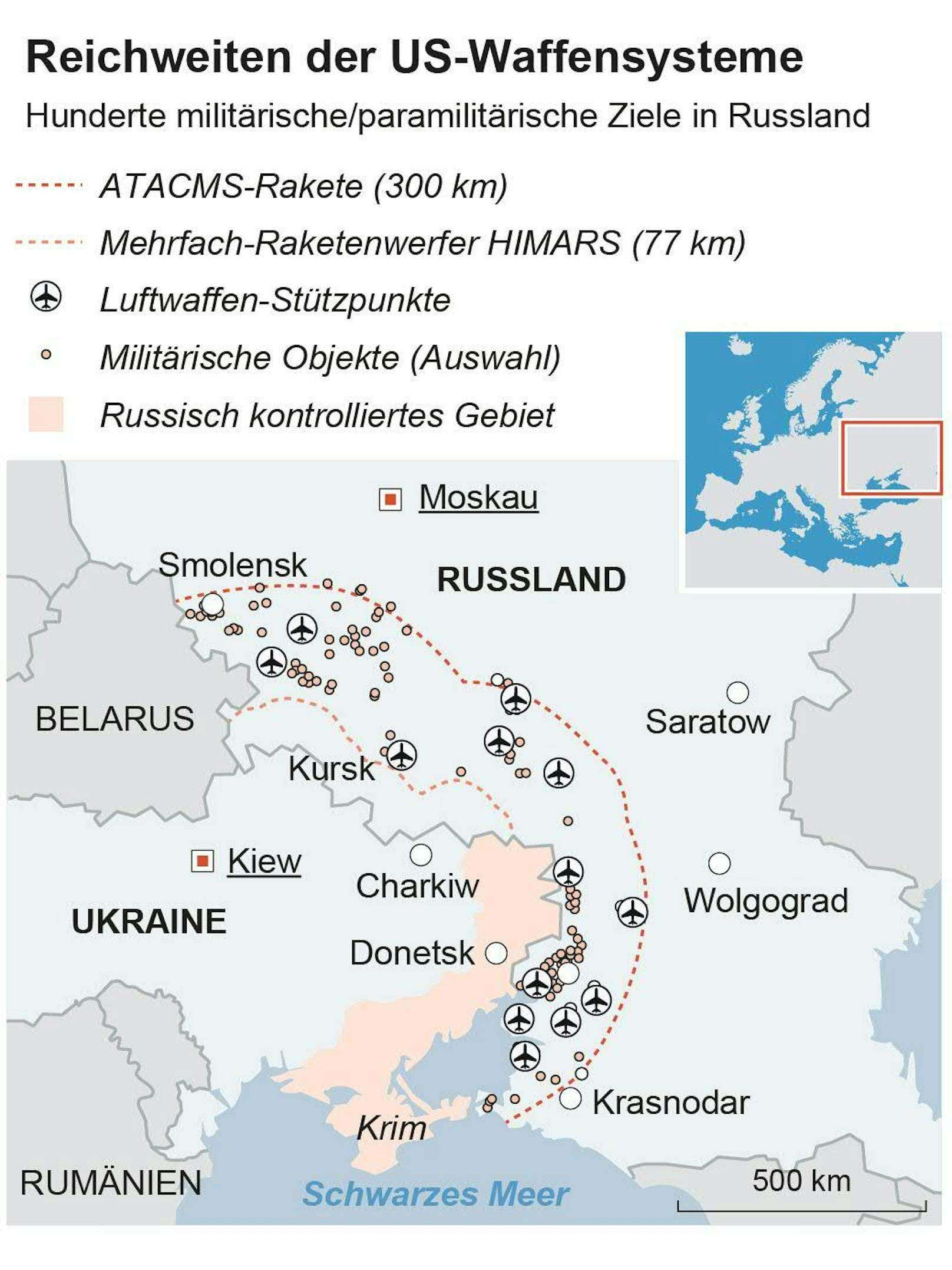 Diese Reichweiten haben die US-Waffen, die der Ukraine zur Verfügung stehen.