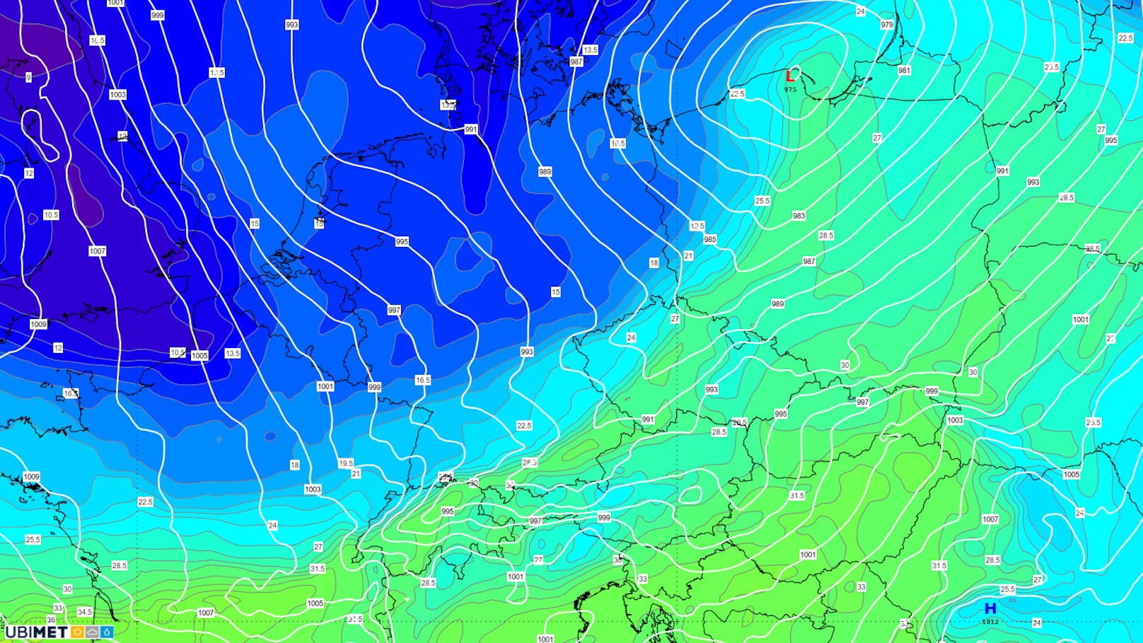 Die Kaltfront ist auf den Wetterkarten für Mittwoch deutlich zu sehen.