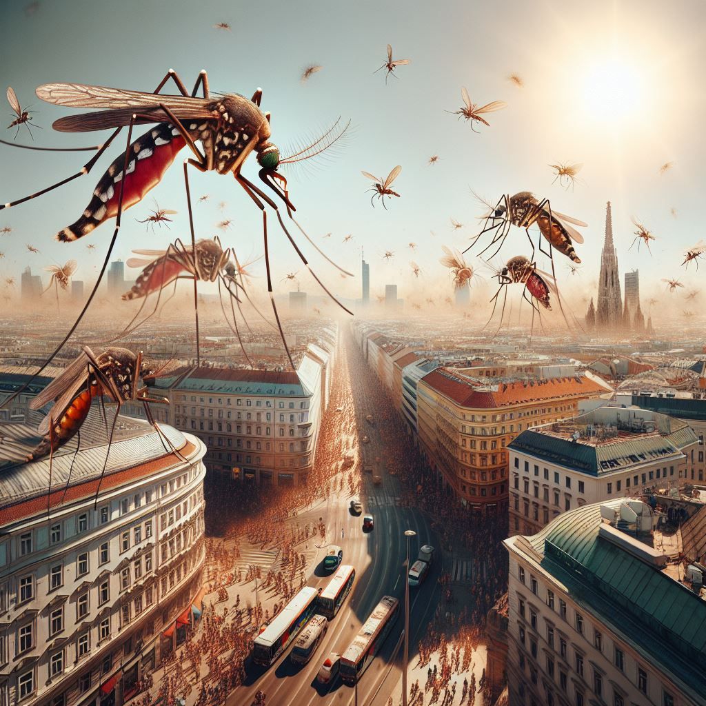 So stellt sich die KI eine künftige Steckmücken-Invasion in Wien vor.