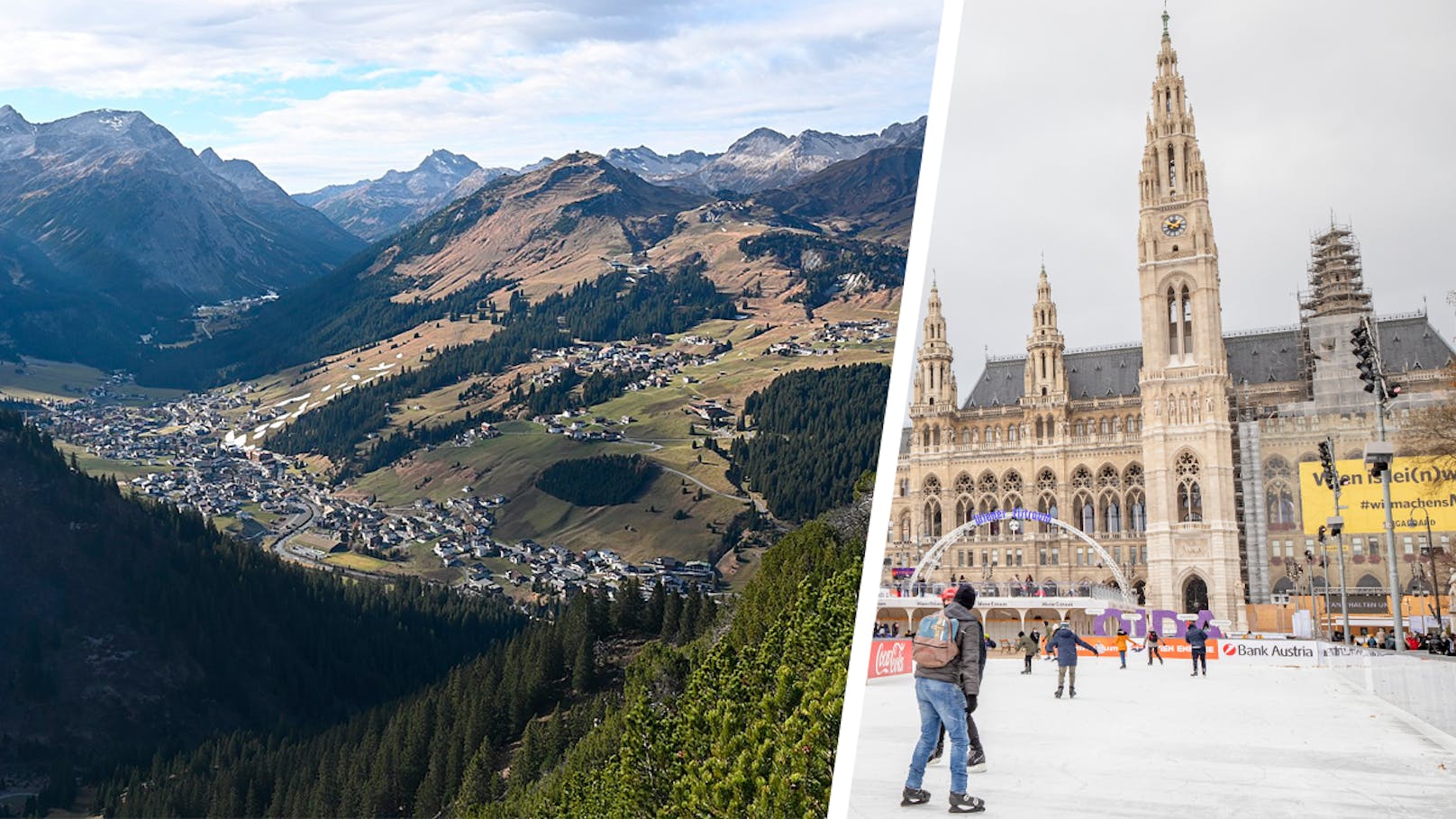 Am Arlberg (l.) werden rund 20 Zentimeter Schnee erwartet, auch Wien könnte in den Außenbezirken vorübergehend angezuckert werden.