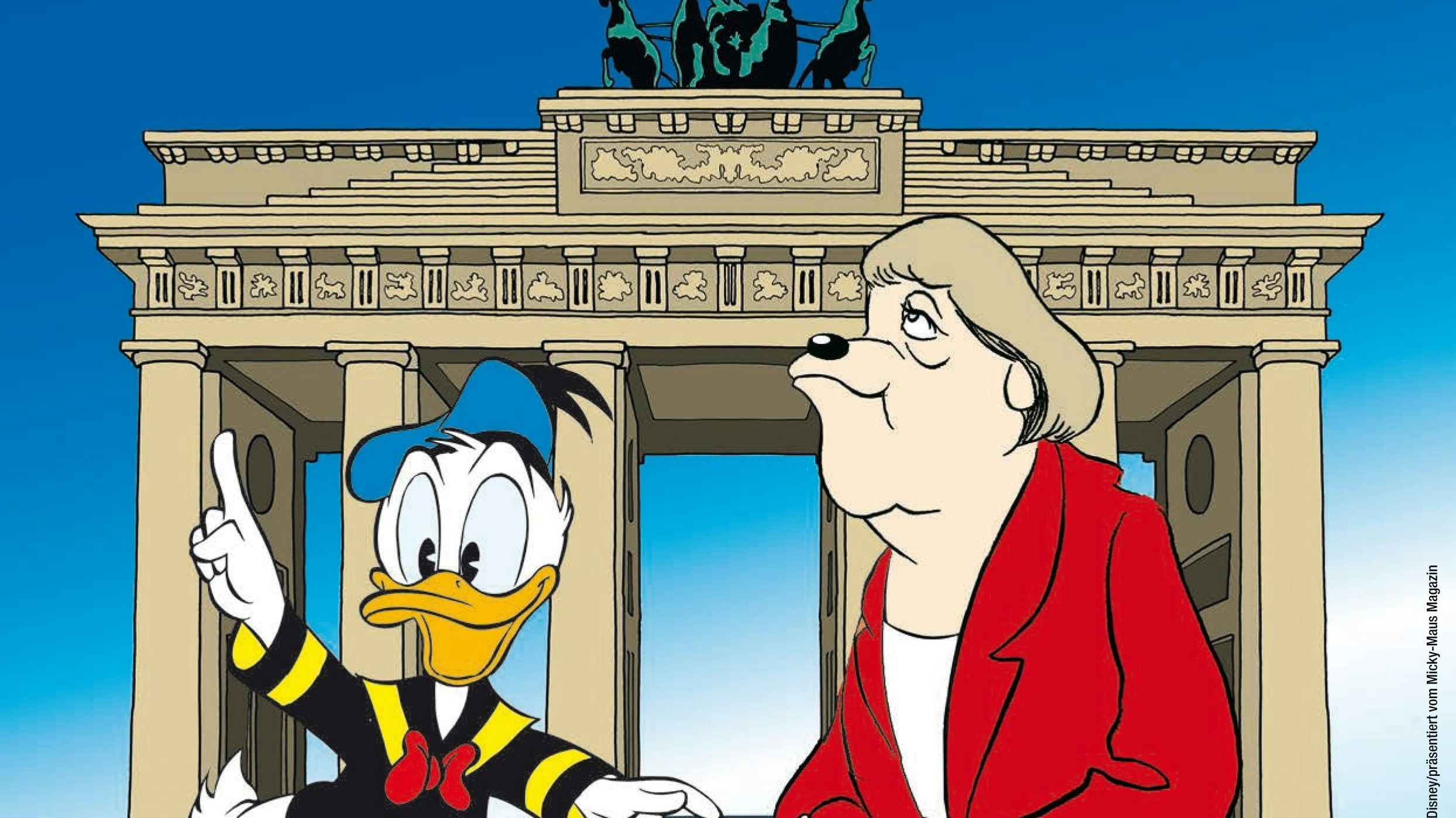 Donald made in Deutschland: Für den lokalen Markt werden in vielen Ländern Disney-Comics produziert. Dieses Panel aus einer deutschen Story zeigt Donald mit der deutschen Kanzlerin Angela Merkel vor dem Brandenburger Tor