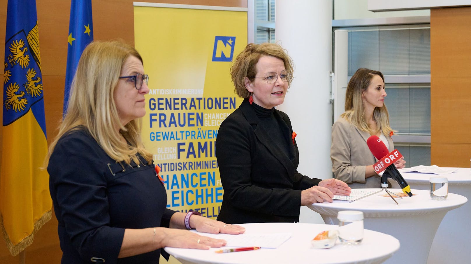 Zum Start der Kampagne "16 Tage gegen Gewalt an Frauen" luden die Landesrätinnen Christiane Teschl-Hofmeister (ÖVP, m.) und Ulrike Königsberger-Ludwig (SPÖ, l.) mit Anna Sonnleitner (Gewaltschutzzentrum NÖ, r.) zu einer Pressekonferenz ins Landhaus St. Pölten.