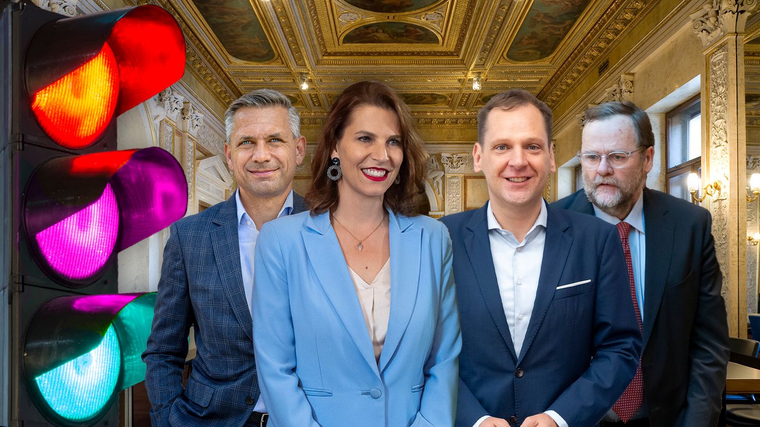 Wolfgang Hattmansdorfer leitet für die ÖVP die Verhandlungsgruppe Wirtschaft, Karoline Edtstadler den Bereich Internationales. Philip Kucher ist SPÖ-Verhandlungsleiter bei Migration. Sepp Schellhorn ist Neos-Verhandlungsführer beim Thema Teuerung.