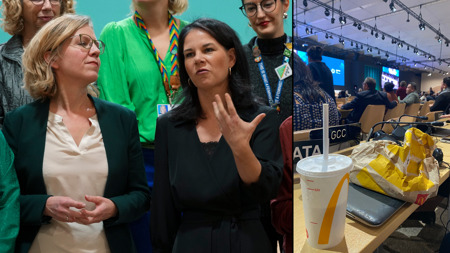 Leonore Gewessler (Grüne) und Deutschlands Außenministerin Annalena Baerbock beim Klimagipfel. Weil die Speiseangebote geschlossen waren, gab es für zahlreiche Gipfelteilnehmer am Ende nur noch Fastfood.