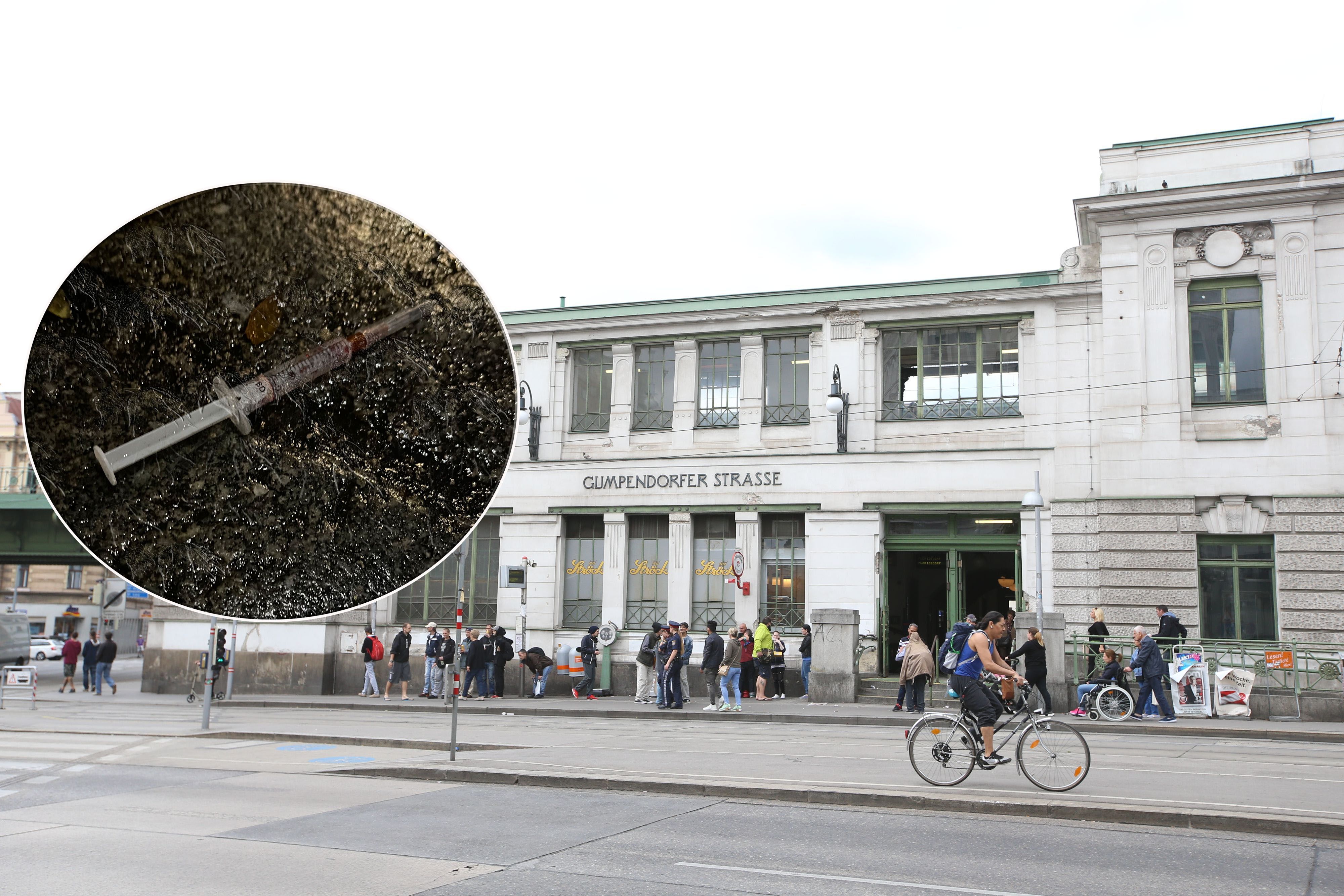Die U6-Station Gumpendorfer Straße: Ein Hotspot für Suchtkranke, symbolisiert durch eine weggeworfene Spritze in der Umgebung.