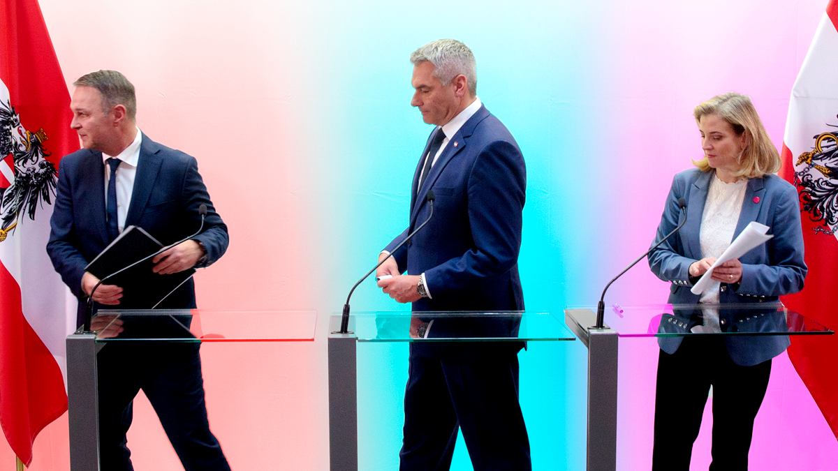 Andreas Babler, Karl Nehammer und Beate Meinl-Reisinger basteln an einer türkis-rot-pinken Austro-Ampel. An ihr Zustandekommen glaubt aber nicht einmal jeder zweite Österreicher.