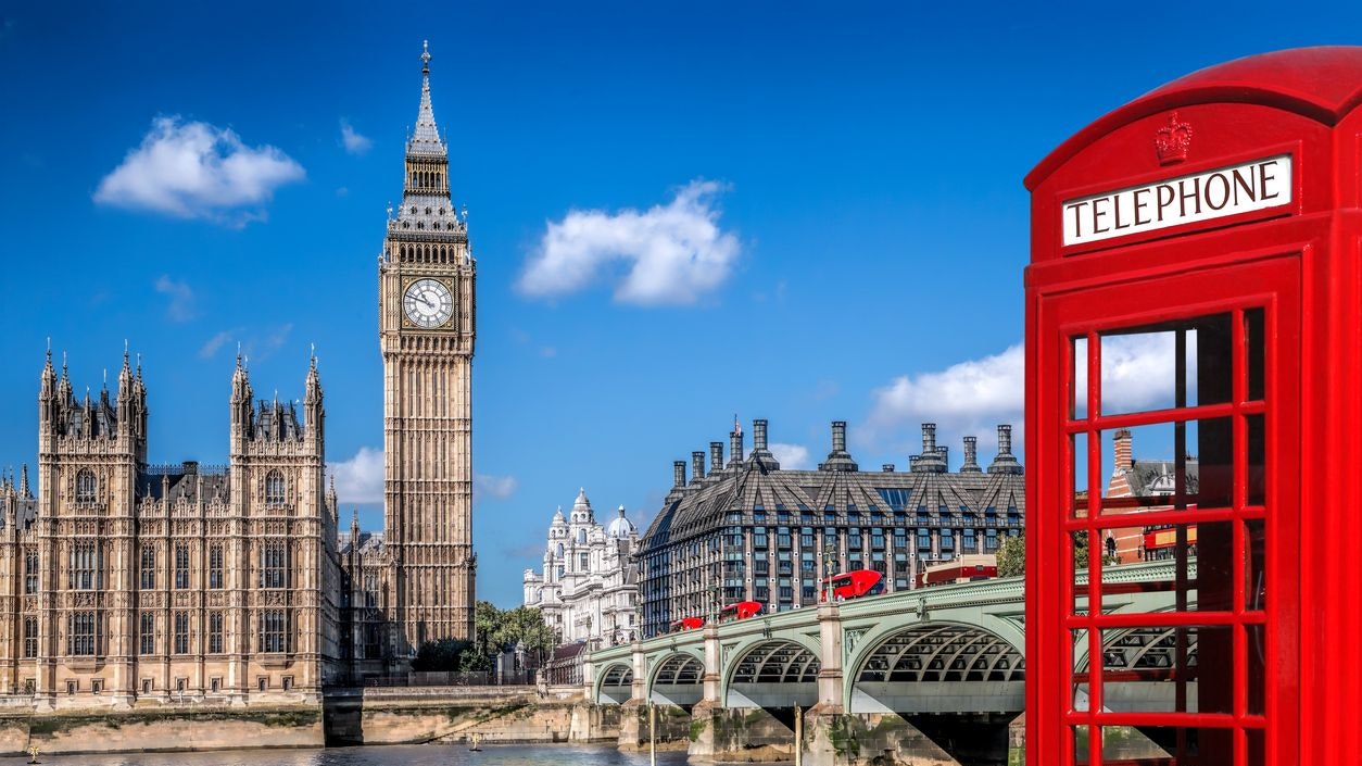 London symbols with BIG BEN, DOUBLE DECKER BUSES and Red Phone Booth in England, UK