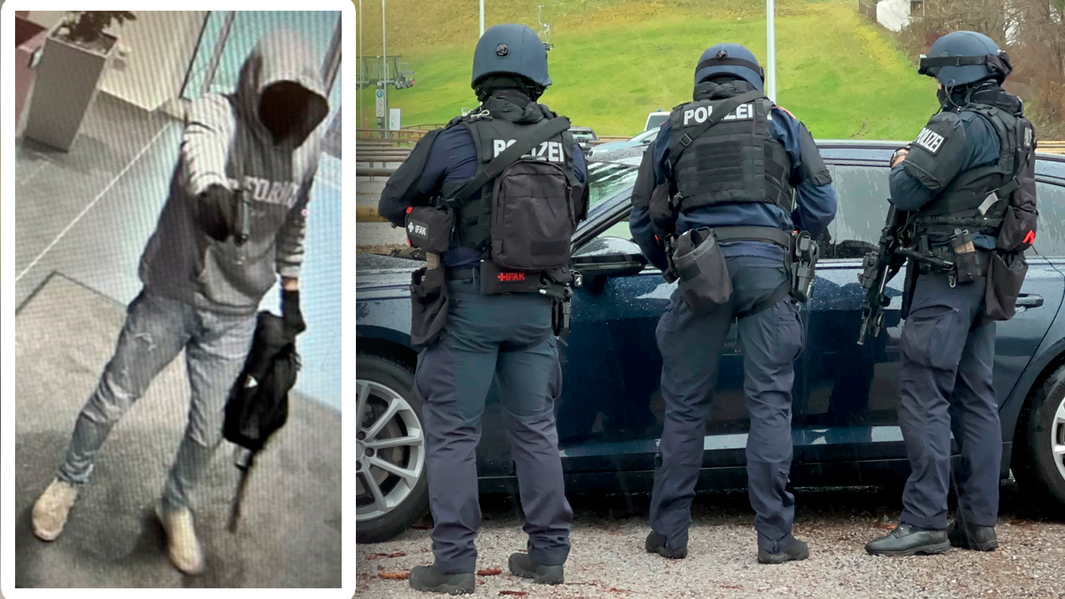 Der Täter (l.) bedrohte die Angestellte mit einer Pistole. Im Bild rechts: Polizisten bei der Großfahndung.