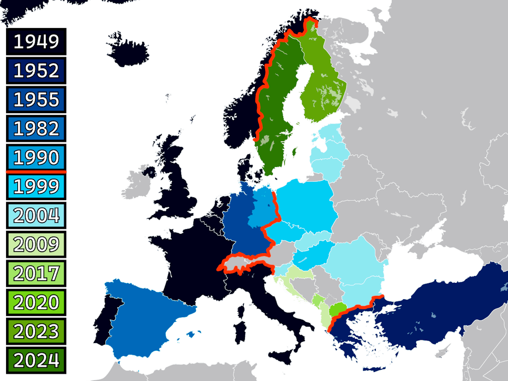 Die NATO-Erweiterungen auf einen Blick. Sergei Karaganow will sie auf die Grenzen von 1997 (rote Linie) zusammenstutzen.