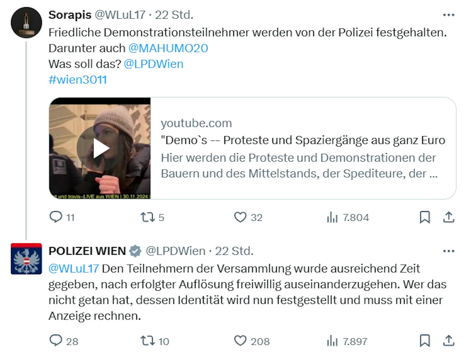 Scharfe Worte auf X: Die Wiener Polizei trat den digitalen Zündlern rund um die Pro-FPÖ-Demo am 30. November 2024 entschieden entgegen.