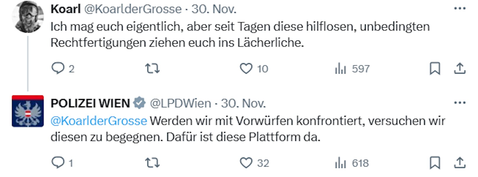 Scharfe Worte auf X: Die Wiener Polizei trat den digitalen Zündlern rund um die Pro-FPÖ-Demo am 30. November 2024 entschieden entgegen.