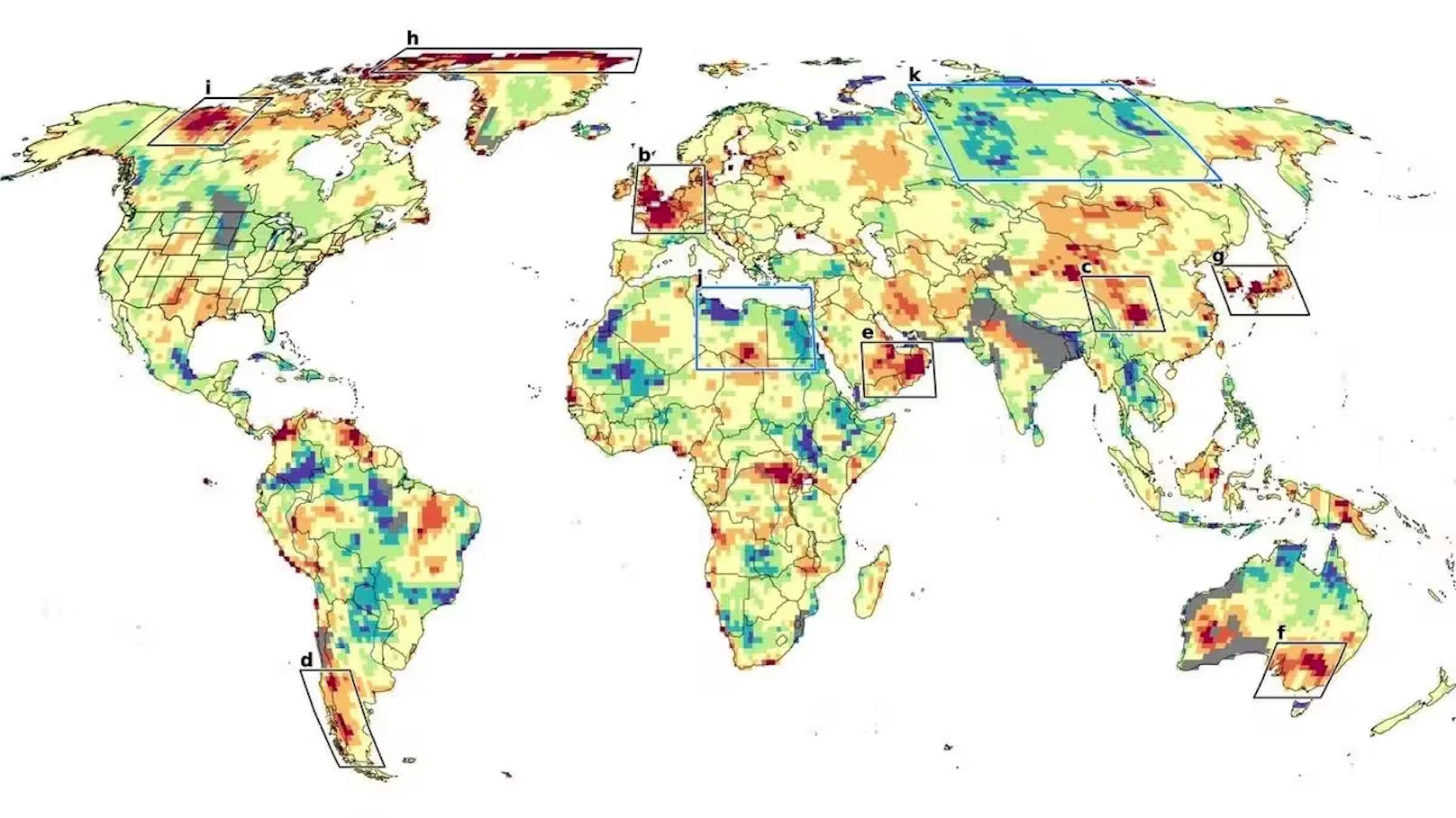 Regionen, in denen beobachtete Hitzewellen die Trends der Klimamodelle übertreffen. Die eingerahmten Bereiche mit den dunkelsten Rottönen sind die extremsten; weniger intensive Rottöne und Orangetöne übertreffen die Modelle ebenfalls, aber nicht so stark. Gelbtöne entsprechen in etwa den Modellen, während Grün- und Blautöne unter dem liegen, was die Modelle prognostizieren würden.