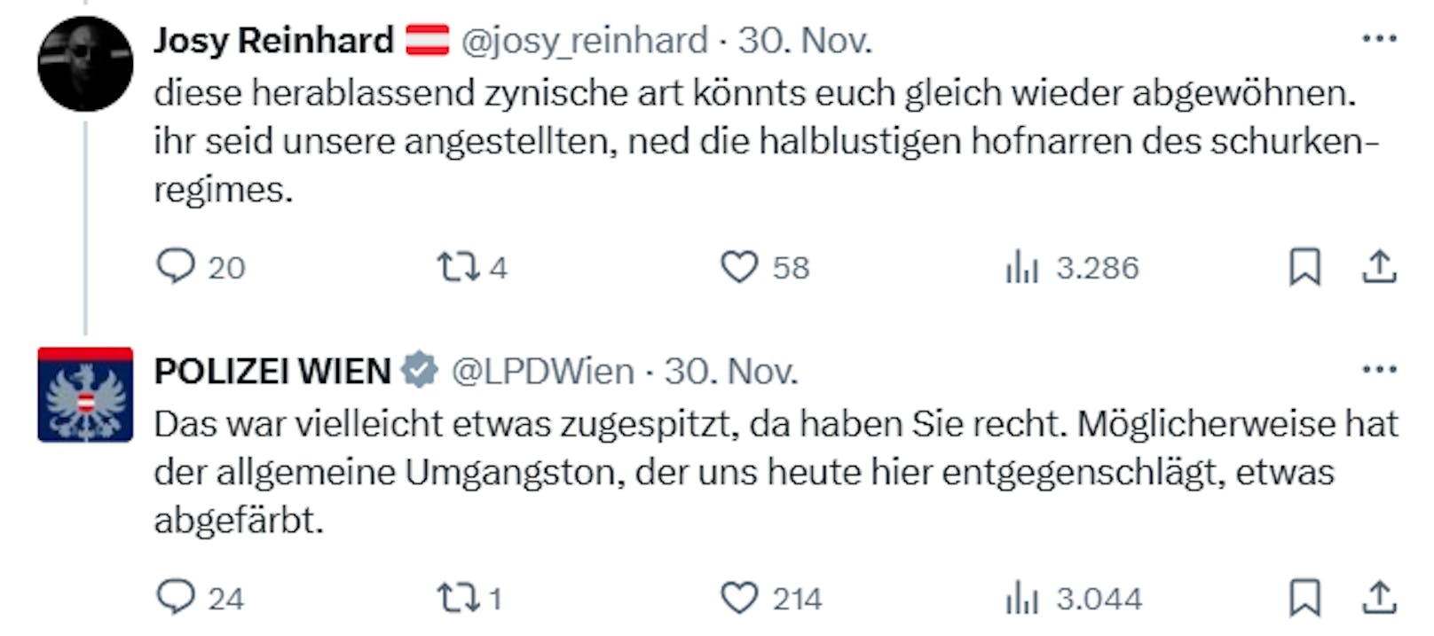 Scharfe Worte auf X: Die Wiener Polizei trat den digitalen Zündlern rund um die Pro-FPÖ-Demo am 30. November 2024 entschieden entgegen.