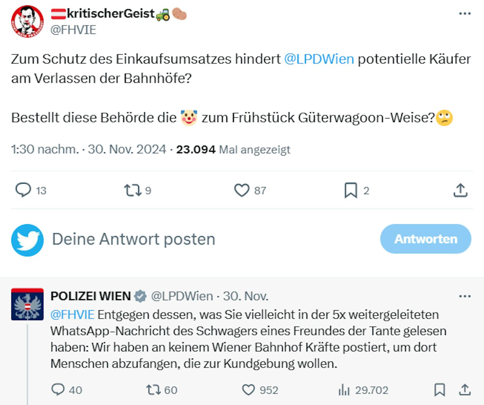 Scharfe Worte auf X: Die Wiener Polizei trat den digitalen Zündlern rund um die Pro-FPÖ-Demo am 30. November 2024 entschieden entgegen.