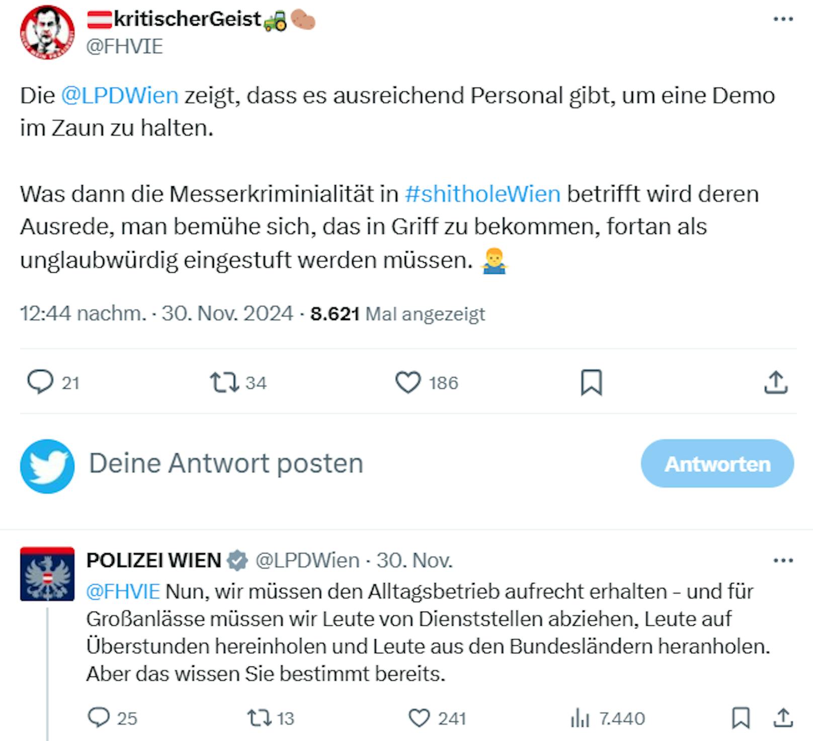 Scharfe Worte auf X: Die Wiener Polizei trat den digitalen Zündlern rund um die Pro-FPÖ-Demo am 30. November 2024 entschieden entgegen.