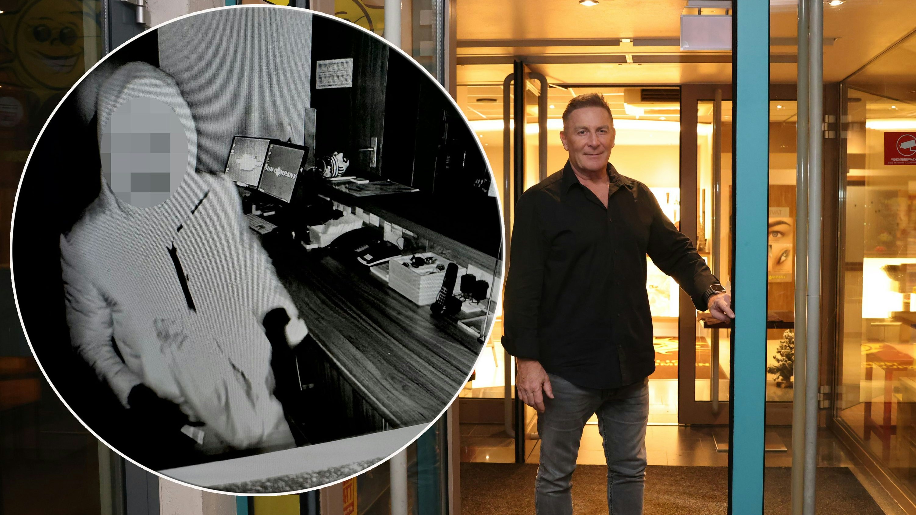 Hannes Jelinek, Betreiber des Sonnenstudios "Suncompany" in Wien-Liesing, zeigt die aufgebrochene Eingangstür seines Geschäfts.